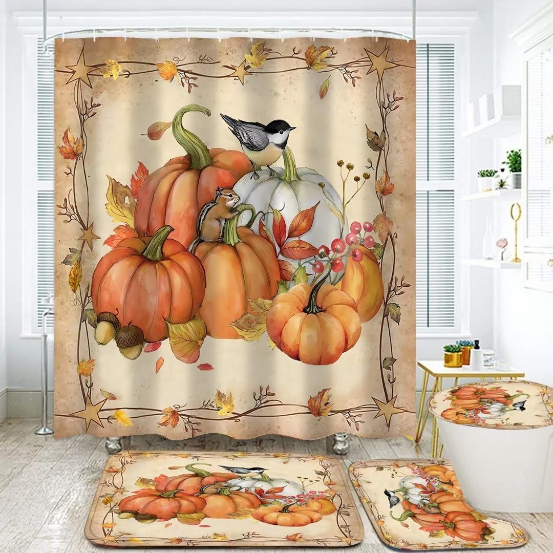 FZDHHY 4Pcs Pumpkin Shower Curtain Set Fall Bathroom Set Thanksgiving Bathroom Decor Set Autumn Shower Curtain Set with Rugs wit