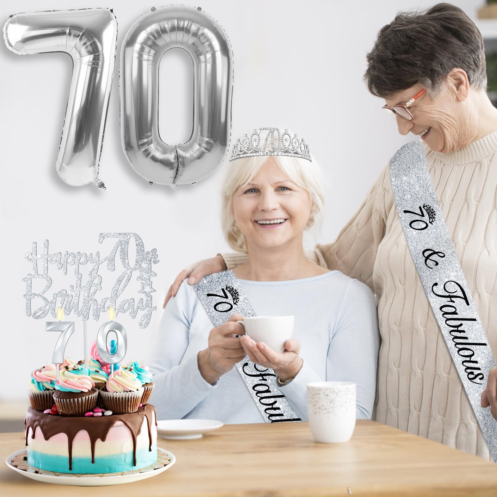 70th Birthday Decorations for Women Silver with 70th Birthday Sash and Crown, Cake Topper and Candles, Silver Number Balloons, 7