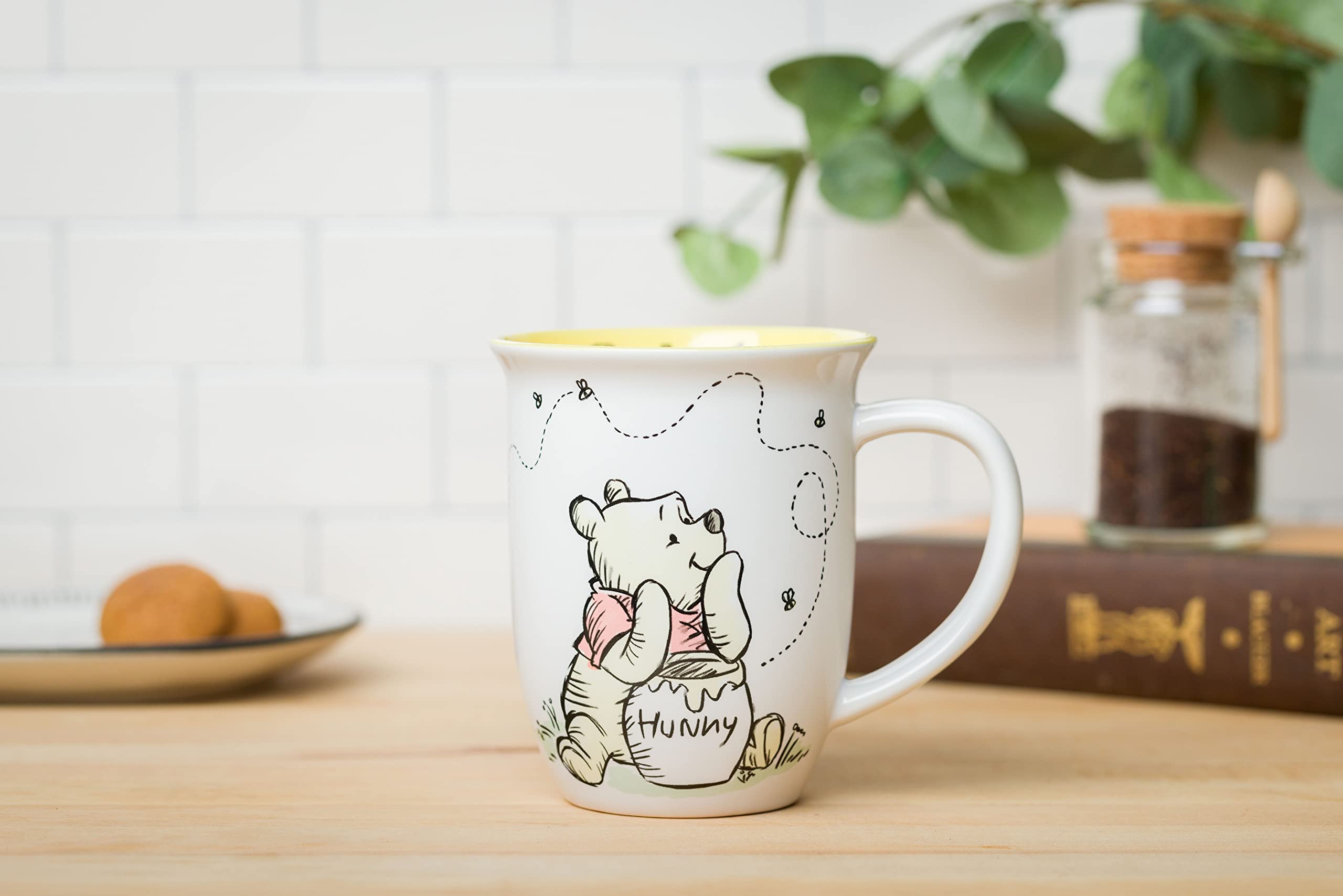 Silver Buffalo Disney Winnie the Pooh But First Hunny Wide Rim Bees Flying Ceramic Mug, 16 Ounces