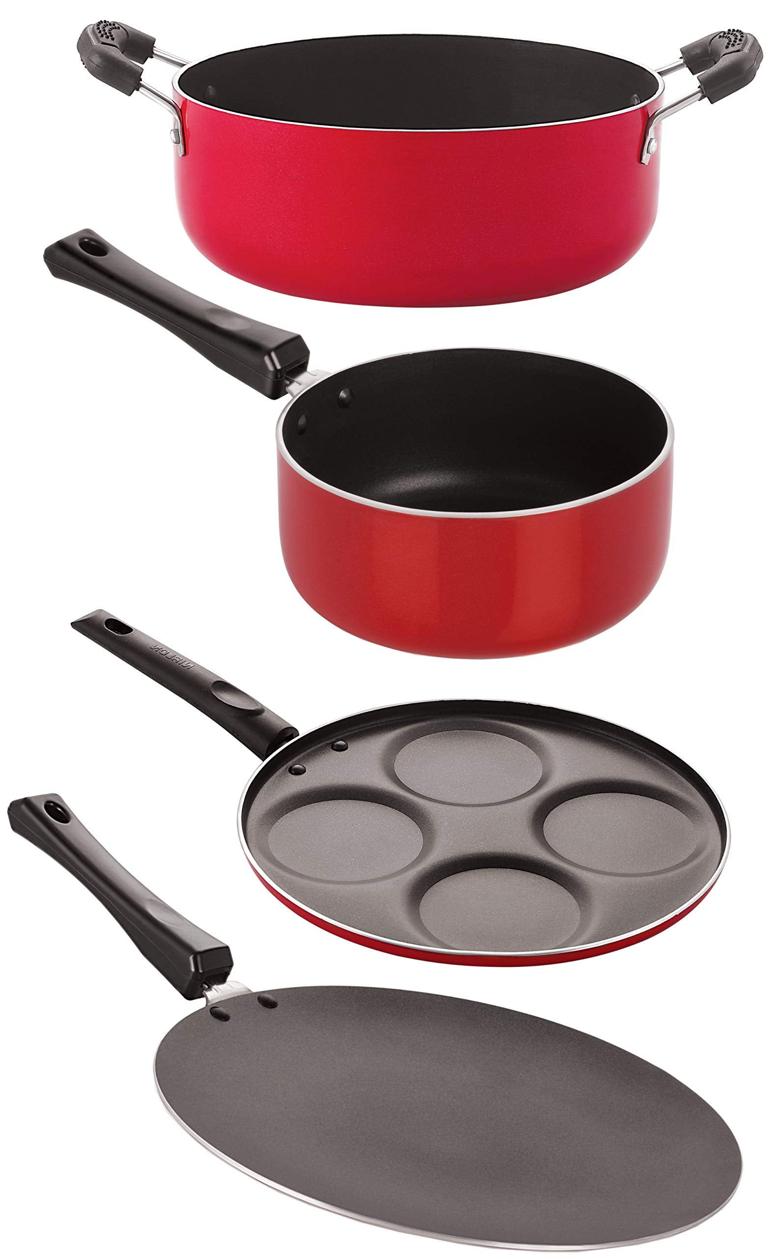 Nirlon NonStick Aluminium Cookware 4 Pieces Set (Gas Compatible) (1 Concave Tawa 27.5Cm /1 Sauce Pan (M)1.2 Ltr/1 Uttapam 4 Cav