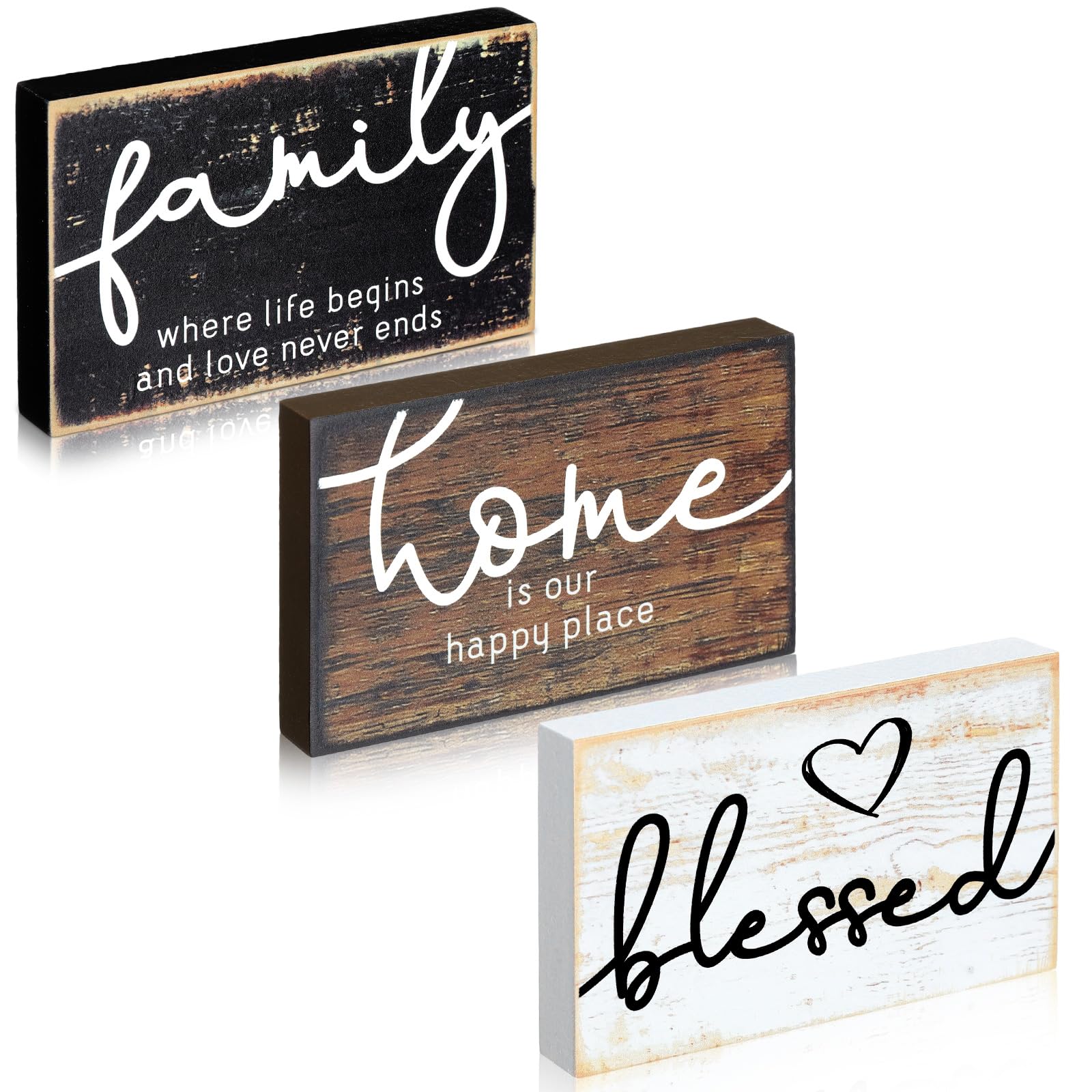 Jetec 3 Pcs Wooden Family Sign Rustic Blessed Home Wall Art Wood Wall Mini Decor Farmhouse Table Shelve Decoration Sign for Bedr