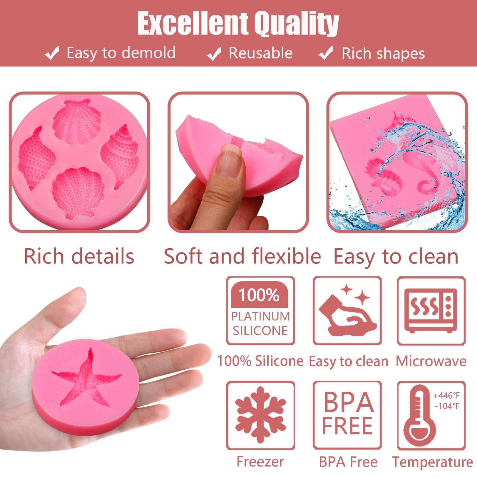 Marine Theme Fondant Silicone Molds 5 Pcs, Seashell Conch Eahorse Starfish Tortoise Chocolate Mold For Cake Decoration Candy Sug
