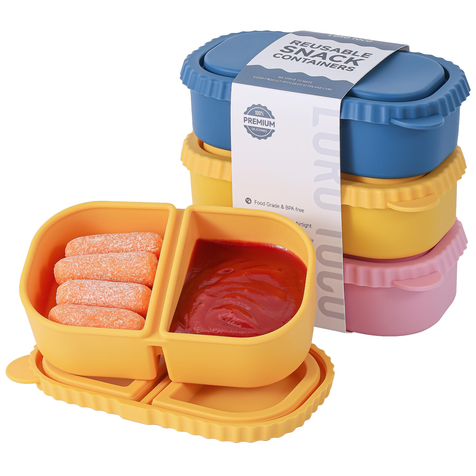 LOROTOCO 3 Pack Silicone Reusable Snack Containers with Lids - 8 oz Double Compartment Snackle Box for Kids & Adults, BPA-Free &