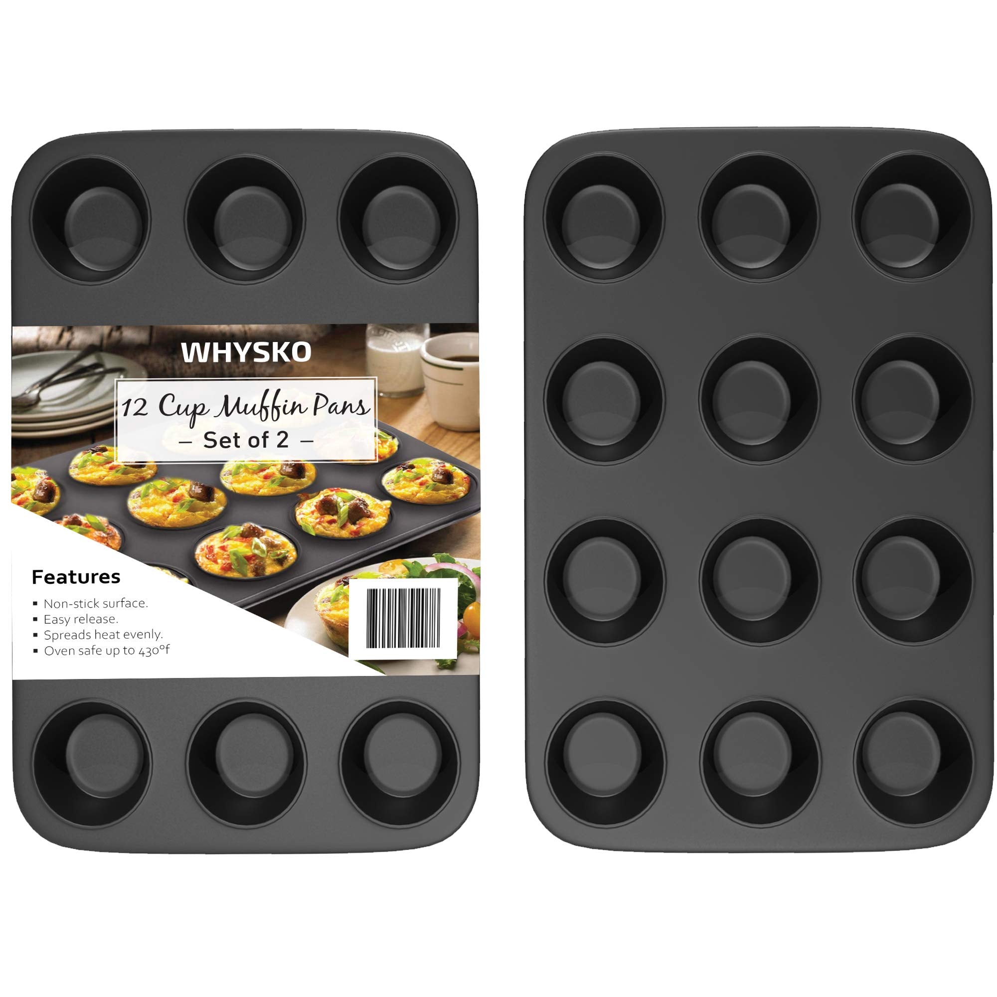 Non-Stick Bakeware 12 Cup Muffin Pan, Set Of 2, Heavy Duty & Easy Release Cupcake Baking Pan