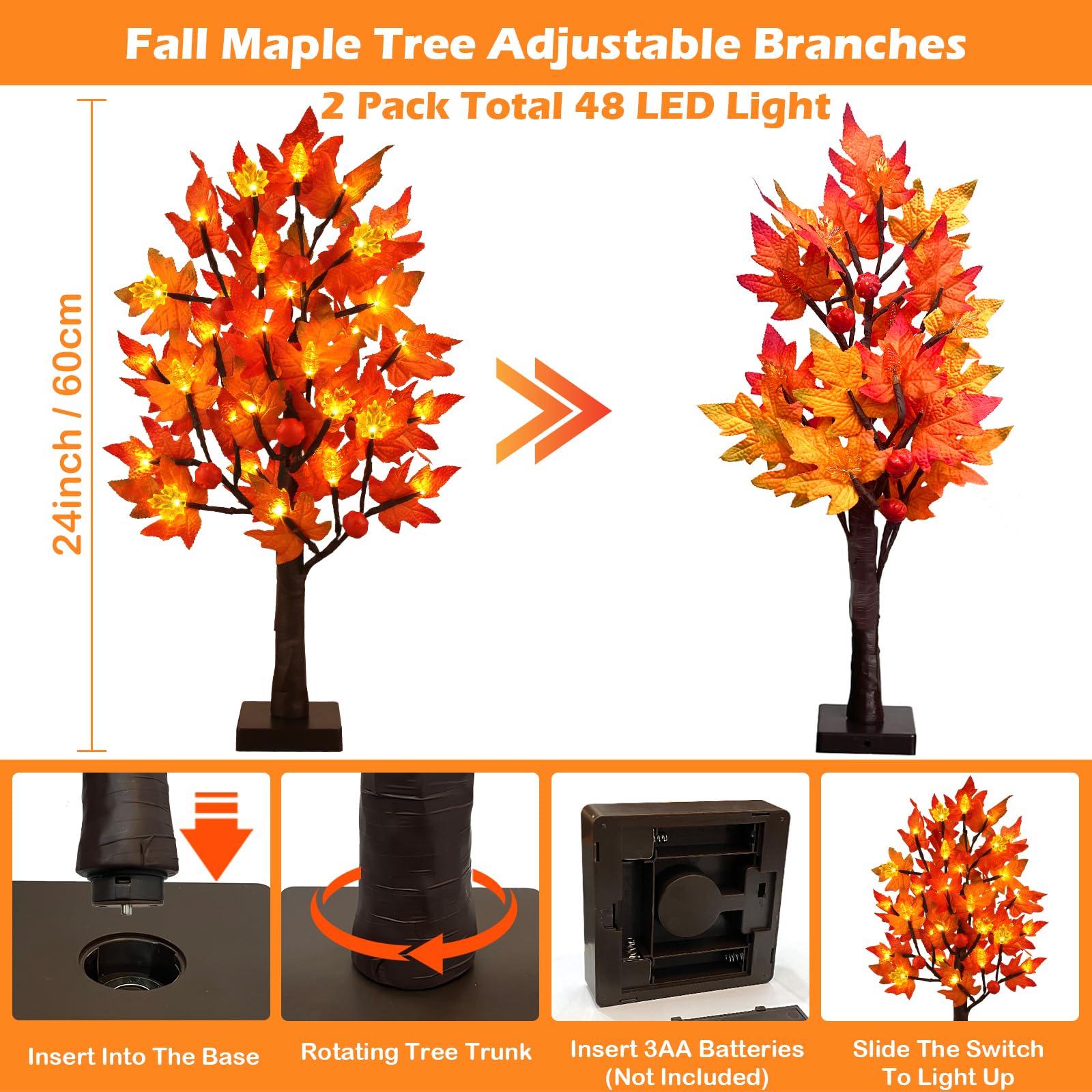 2 Pack 24 Inch Prelit Fall Maple Tree Decorations with 48 LEDs Timer Fall Battery Operated Light Up Artificial Pumpkin Acorn Lig