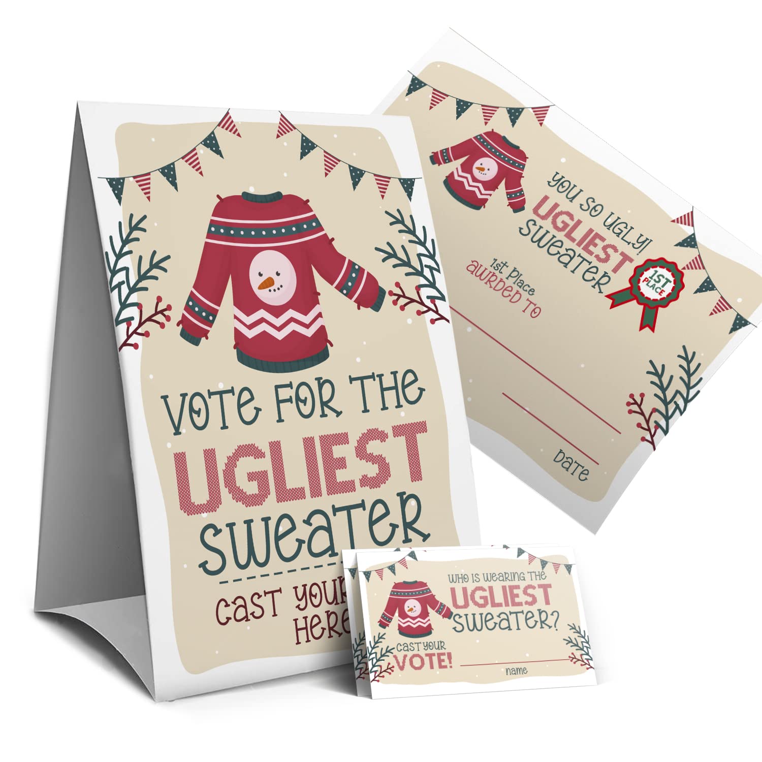 Ugly Christmas Sweater Voting Suit, Ugly Sweater Party Christmas Party, Tacky Christmas Party-1 Sign,1Awards And 50 Guessing Car