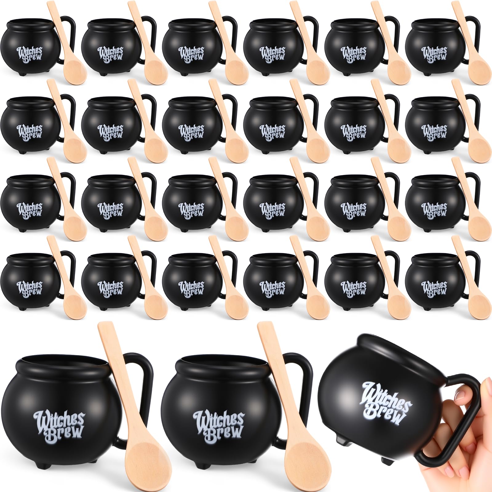LemonRoad 48 Pcs Cauldron Mugs with Spoons,Doublesided Print,Black