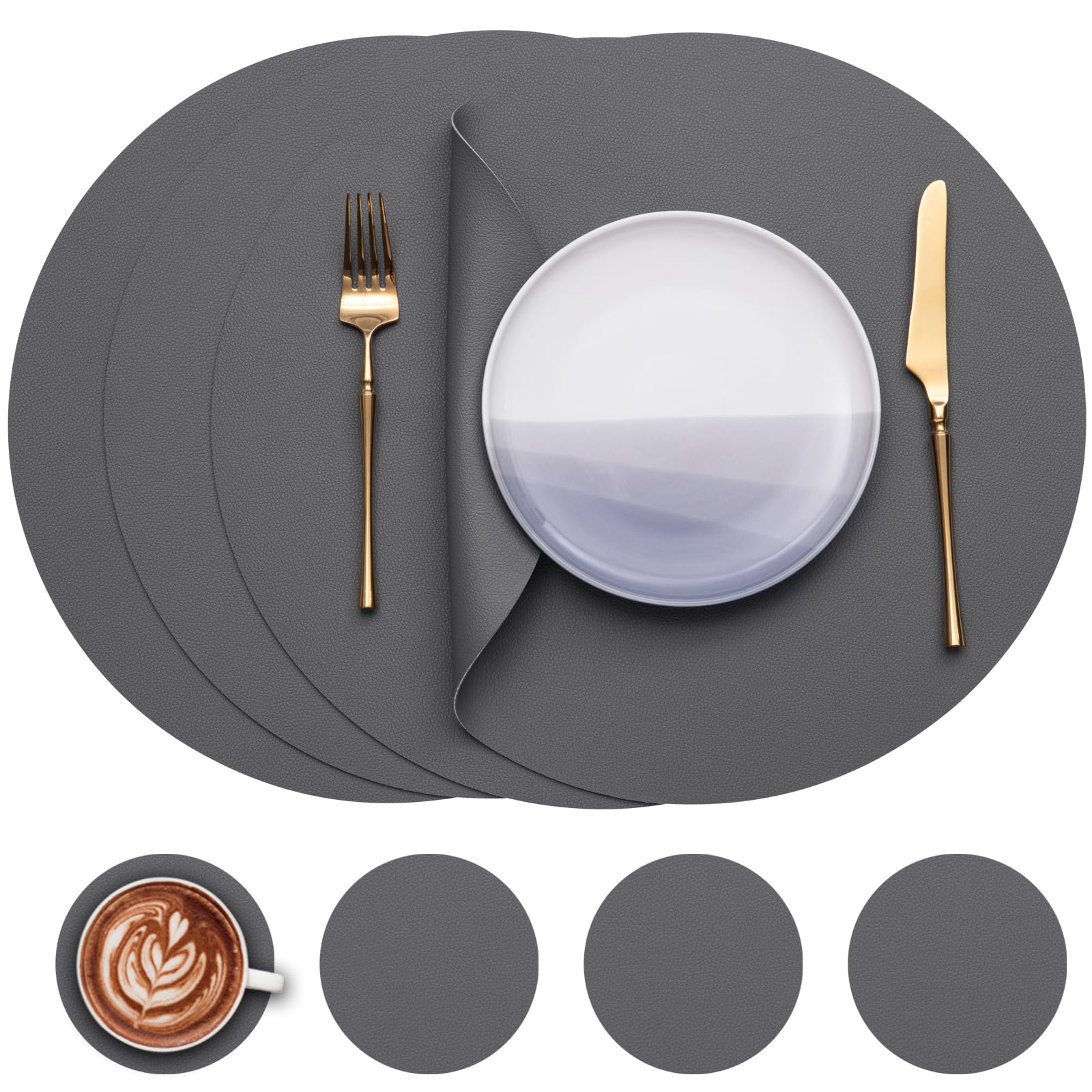 Myir Jun Round Table Placemats Set Of 4 Faux Leather Place Mats And Coasters 15 Inch Dual Sided Non-Slip Stain Resistant (Gray 0