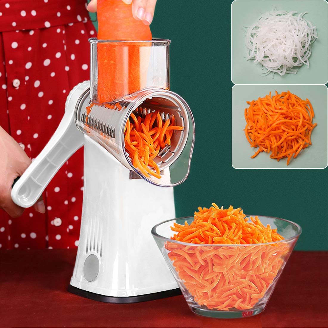 Rotary Cheese Grater Shredder 5-In-1 Tumbling Box Mandoline Vegetable Julienne Slicer Waffle Cutter Nut Chopper With Handle And