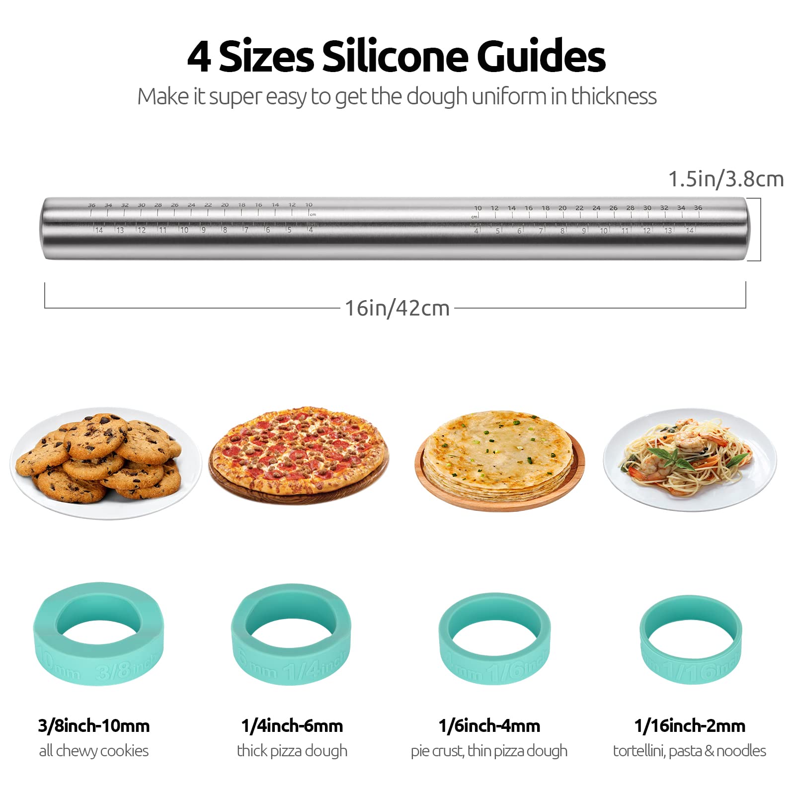 U-Taste 18/8 Stainless Steel 16 Inch Adjustable Rolling Pin With Silicone Removable Thickness Rings, Nonstick Kitchen Roller Pin
