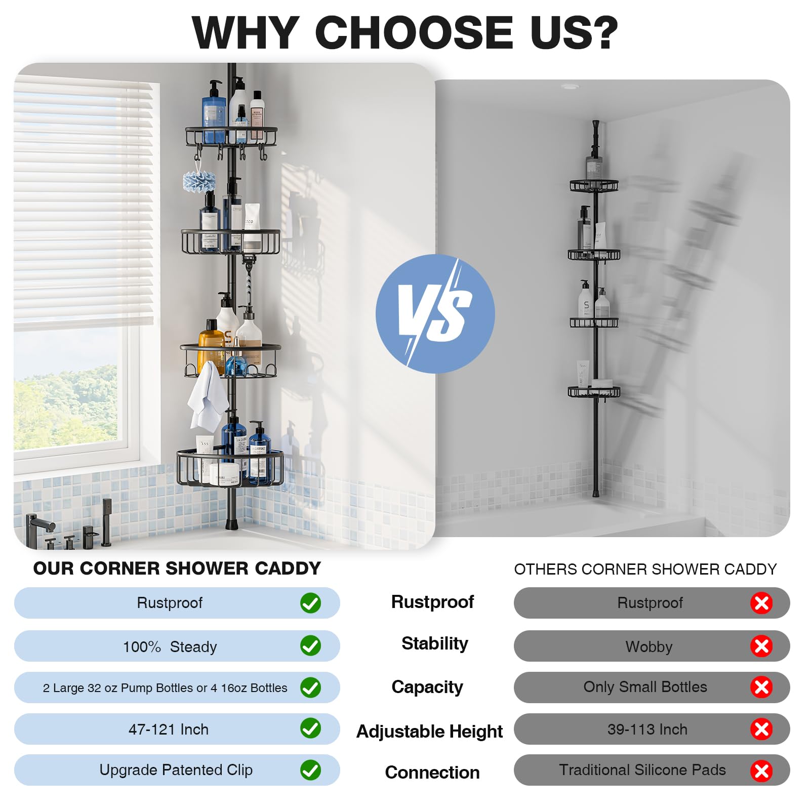 Corner Shower Caddy Tension Pole: Stainless Steel Rustproof 4-Tier Shower Organizer - 47-121 Inch Adjustable Bathroom Shelves Fo