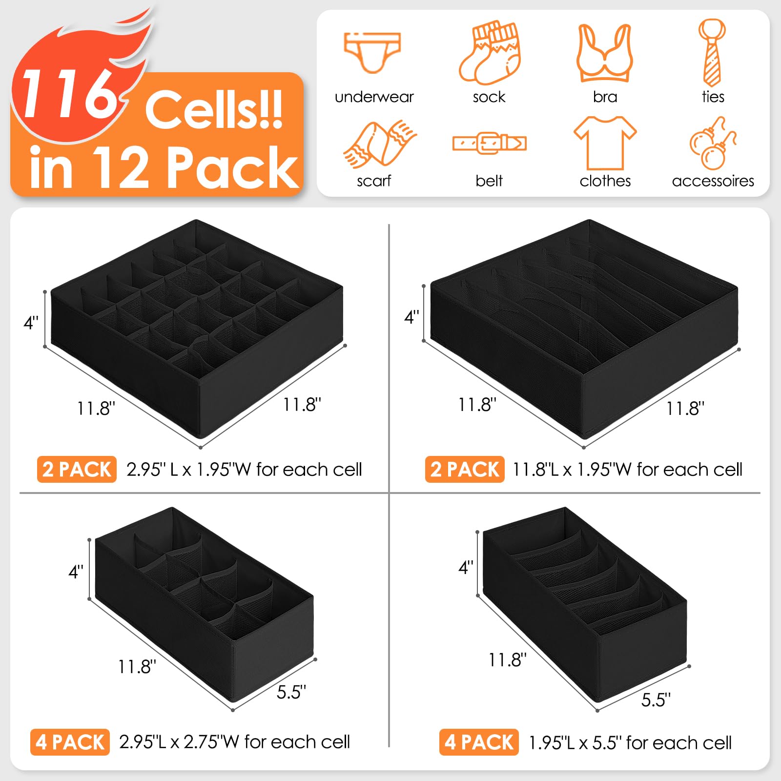 12 Pack Drawer Organizers, 116 Compartments Fabric Foldable Dresser Drawer Organizers for Clothing, Closet Organizers and Storag