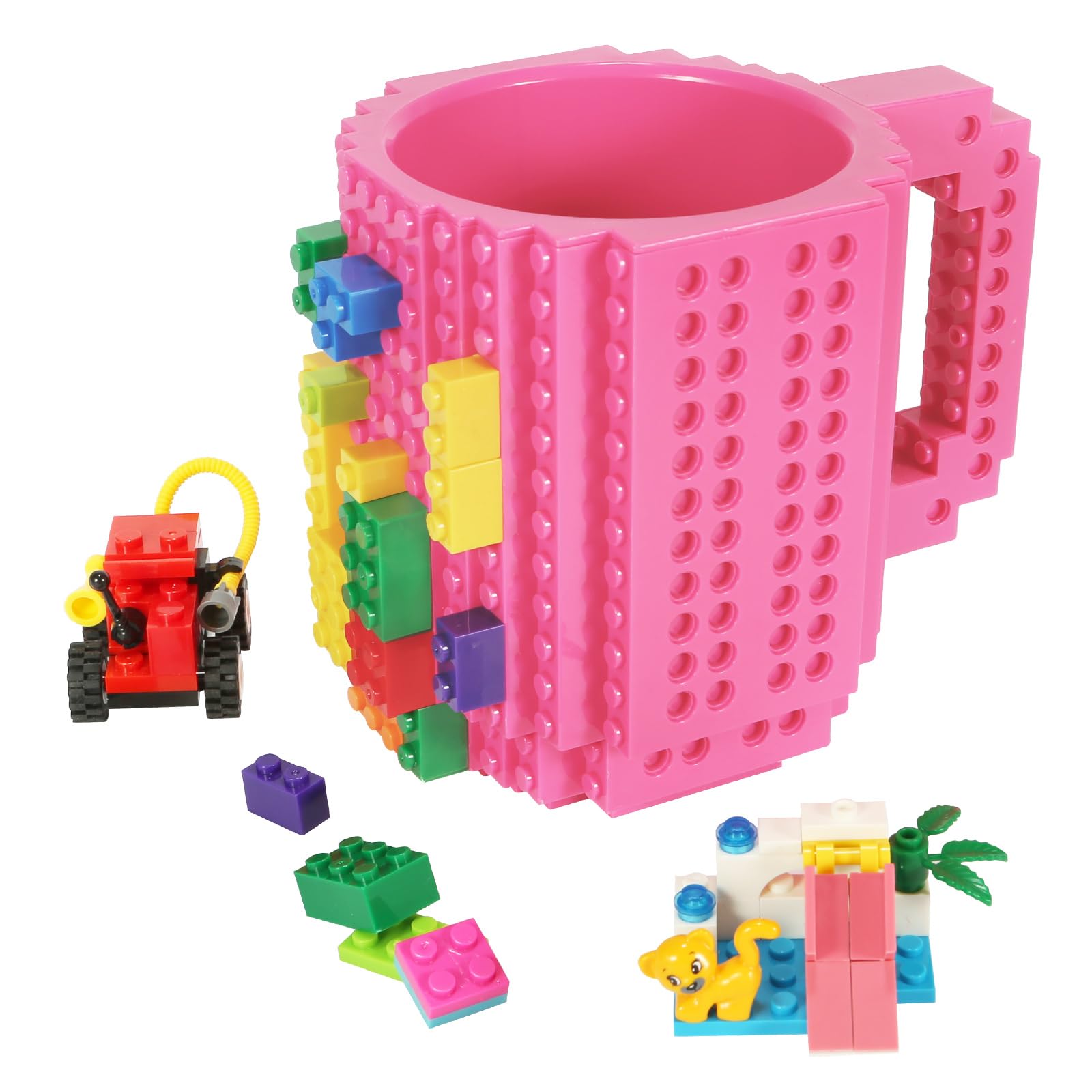 Lumsburry Build-On Brick Coffee Mug, Funny Diy Novelty Cup With Building Blocks Creative For Kids Men Women Xmas Birthday (Rose)