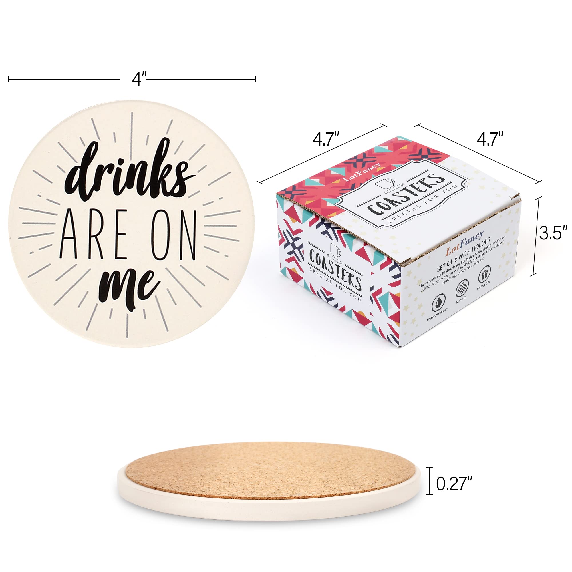 Lotfancy Funny Coasters For Drinks Absorbent With Holder, 6Pcs Ceramic Coasters With Cork Base, Round Coasters With 6 Sayings, N