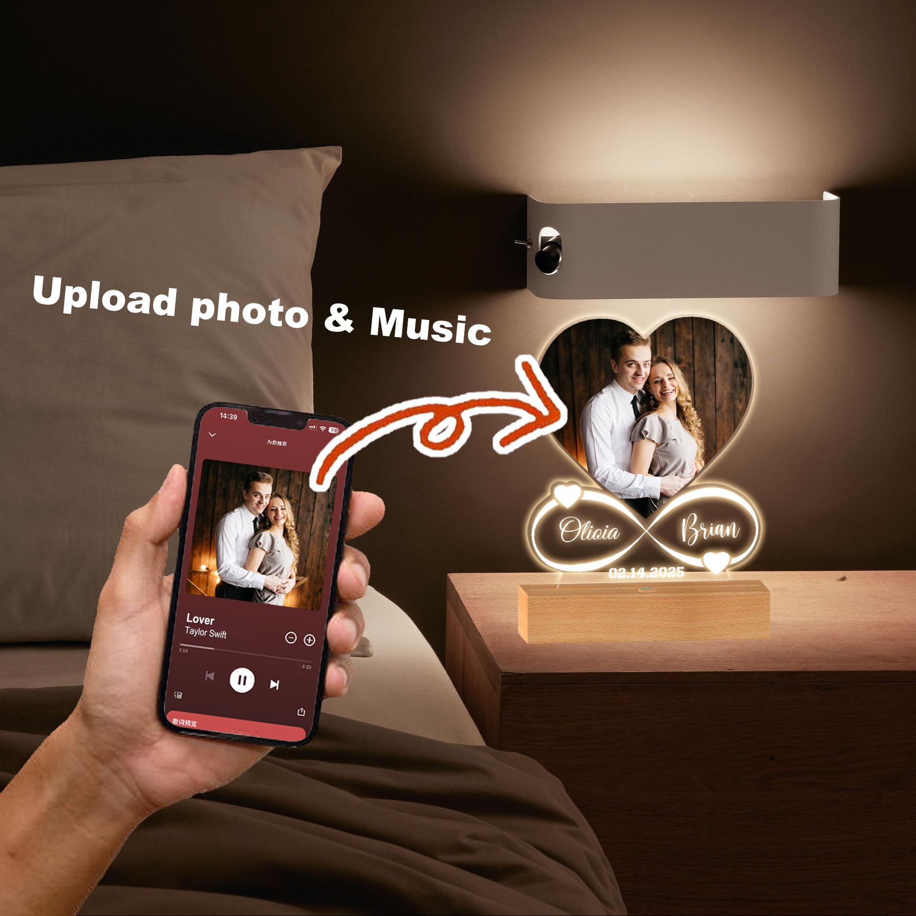 Custom Music Frame with Picture,Personalized Photo Frame with Sensor Night Light & Music Player,Personalized Anniversary/Wedding