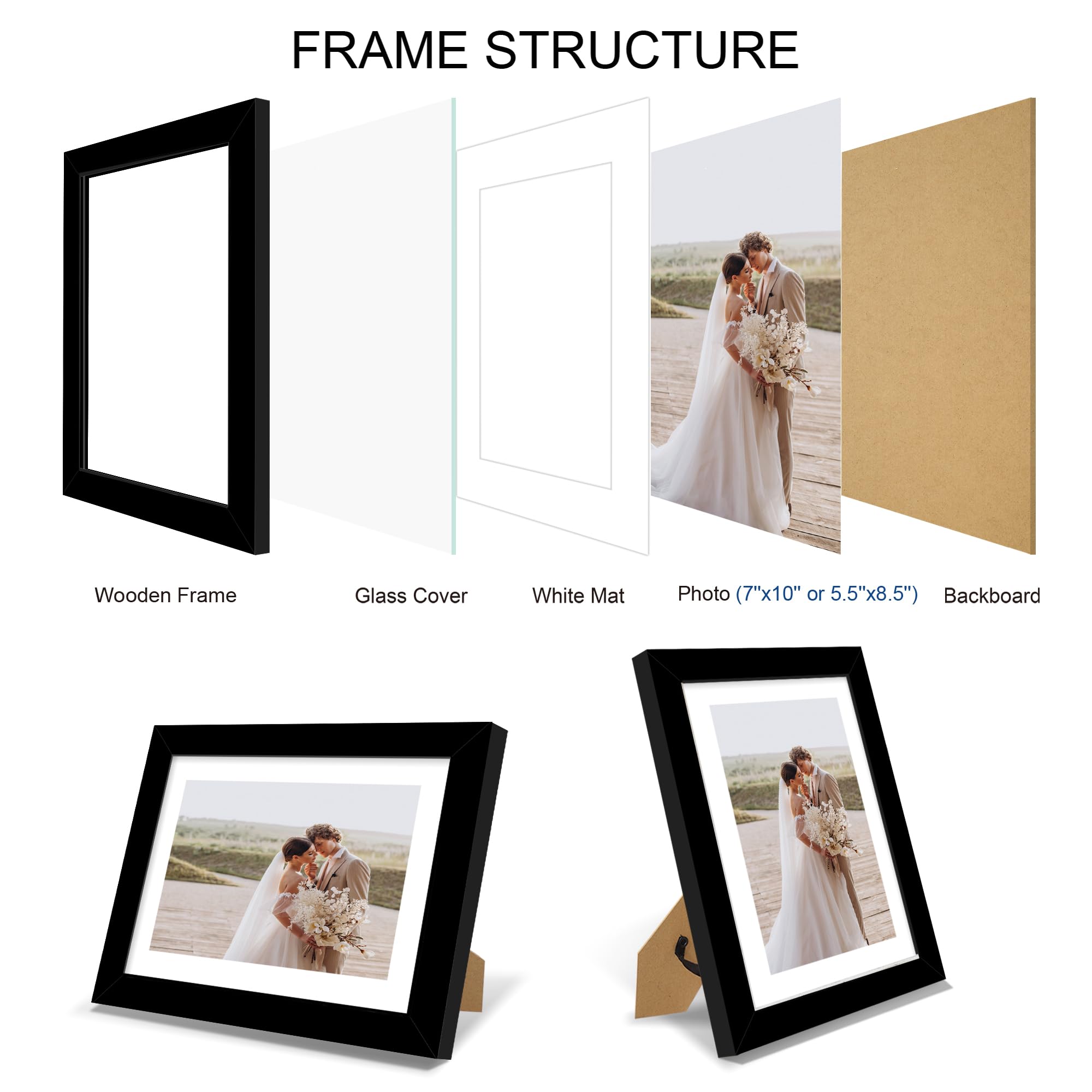 Hongkee 7x10 Picture Frame Set of 4, Made of Real Glass and Black Frame - Display Picture 5.5x8.5 with Mat or 7x10 Without Mat,
