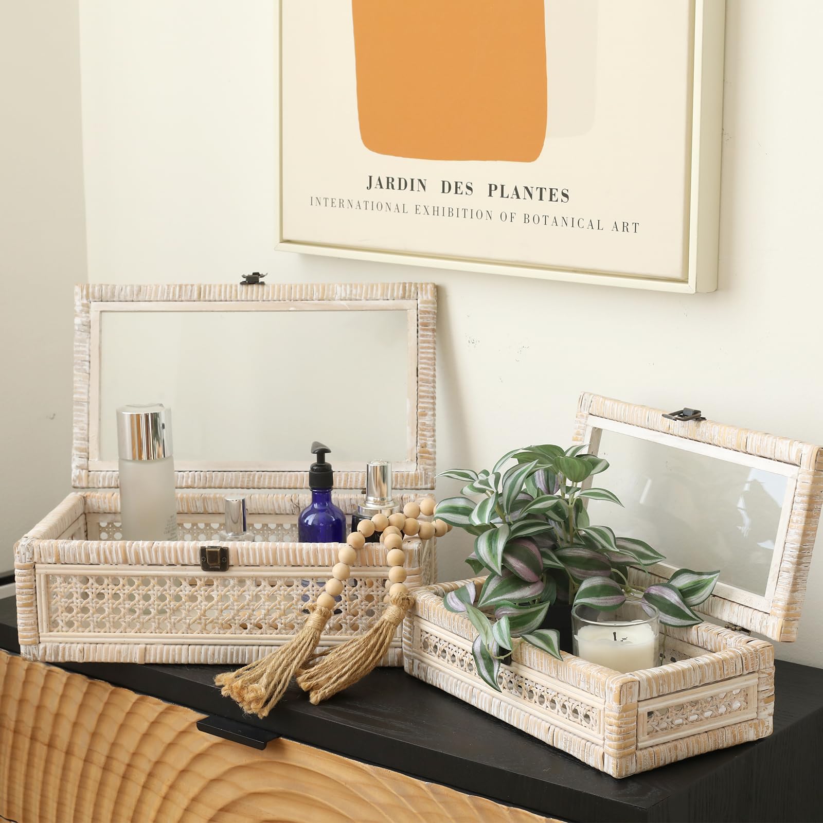 DECOR4SEASON Rattan and Cane Stacking Boxes with Glass Top Lid - Set of 2 11.8 and 14.1, for Boho and Rustic Farmhouse Decor, Wh