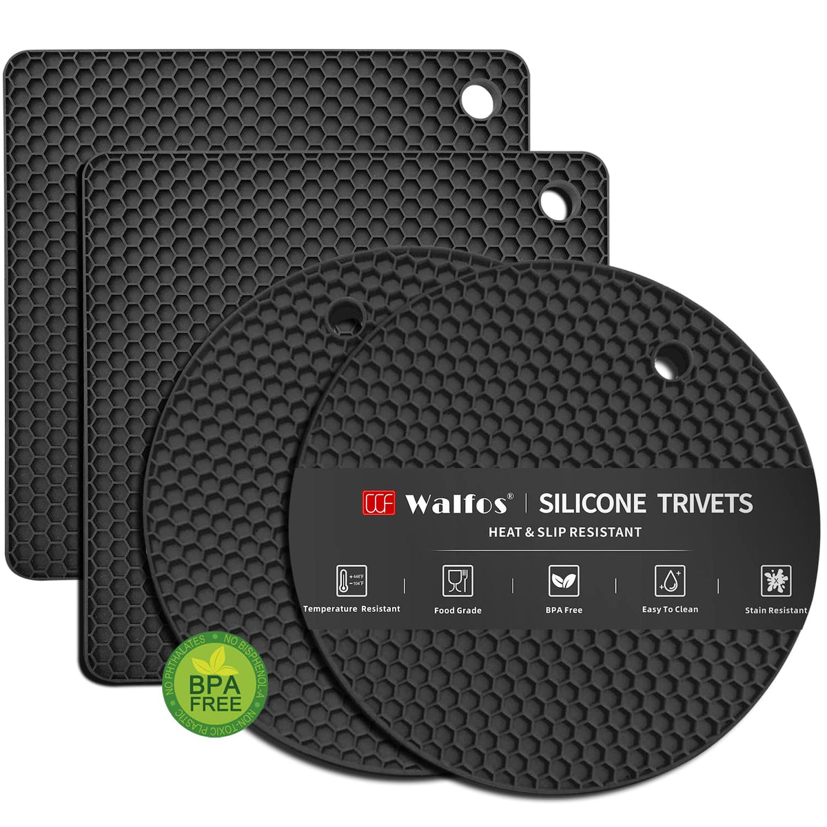 Walfos Silicone Trivet Mats - 4 Heat Resistant Pot Holders, Multipurpose Non-Slip Hot Pads For Kitchen Potholders, Hot Dishers,