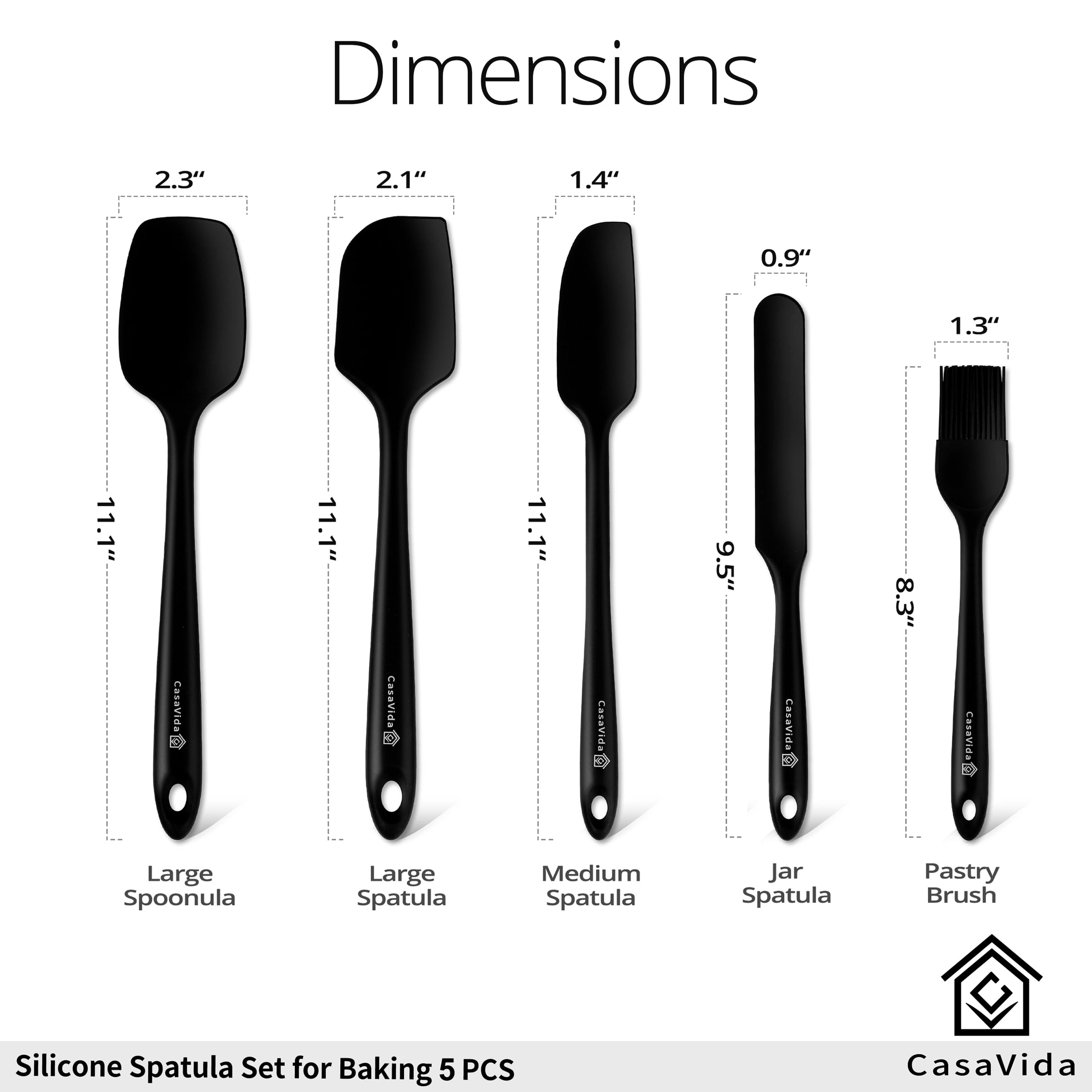 Casavida Silicone Spatula Set 5Pcs Black High Heat Resistant Non Stick Bakery Flexible Bpa Free Dishwasher Safe Kitchen Utensils