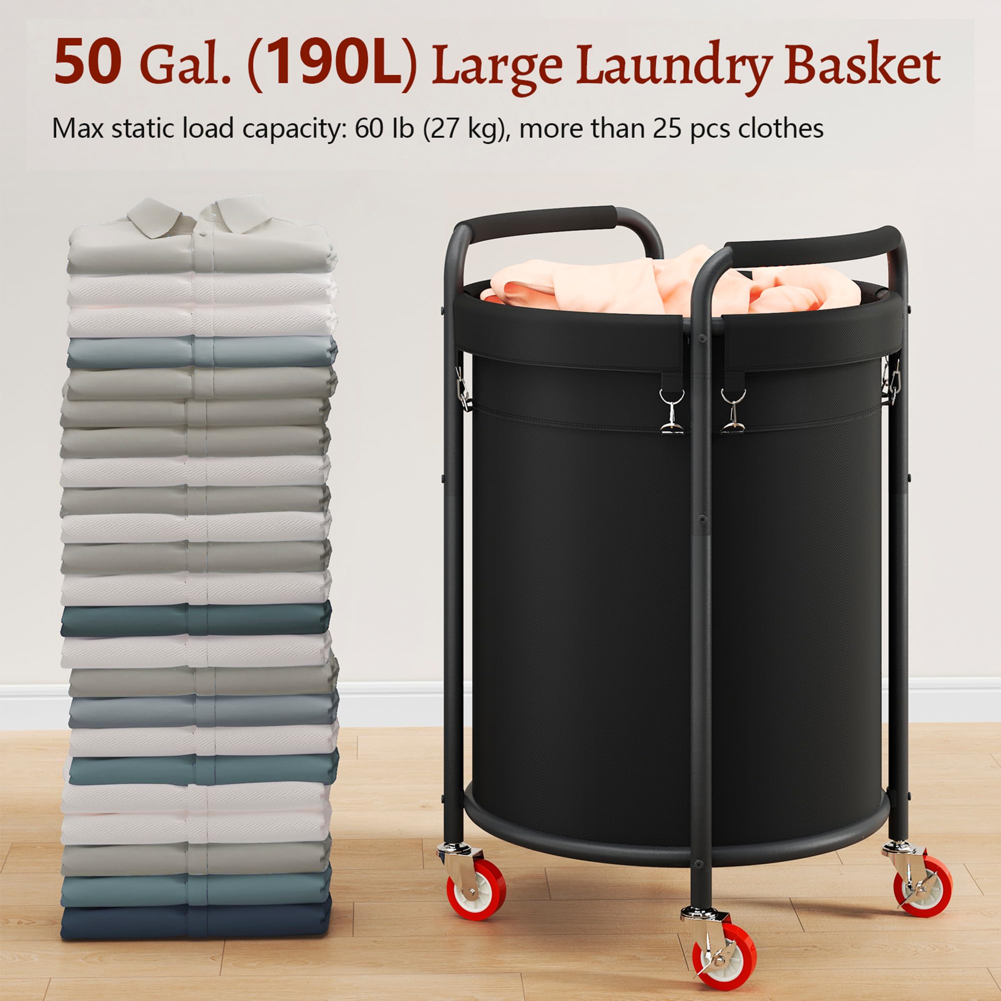 Laundry Basket With Wheels, Rolling Laundry Hamper, 50 Gal. (190L), Round Laundry Sorter Cart With 4 Casters, Removable Liner, S