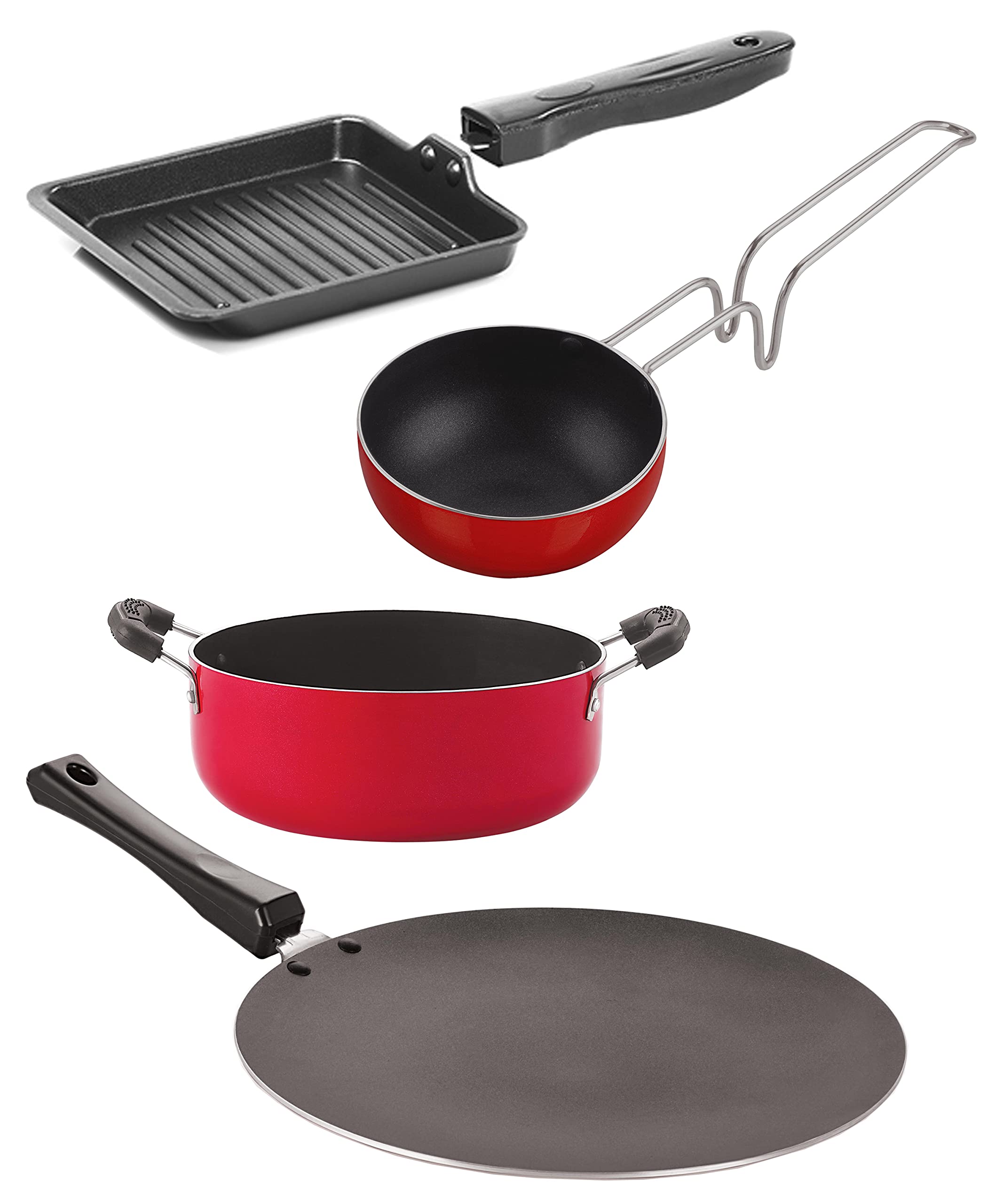 Nirlon Aluminium Non Stick Cookware Combo Concave Tawa 27.5Cm/Vagariya 300Ml/Small Grill Pan  14Cm/Casserole 3.1 Ltr  Set Of 4