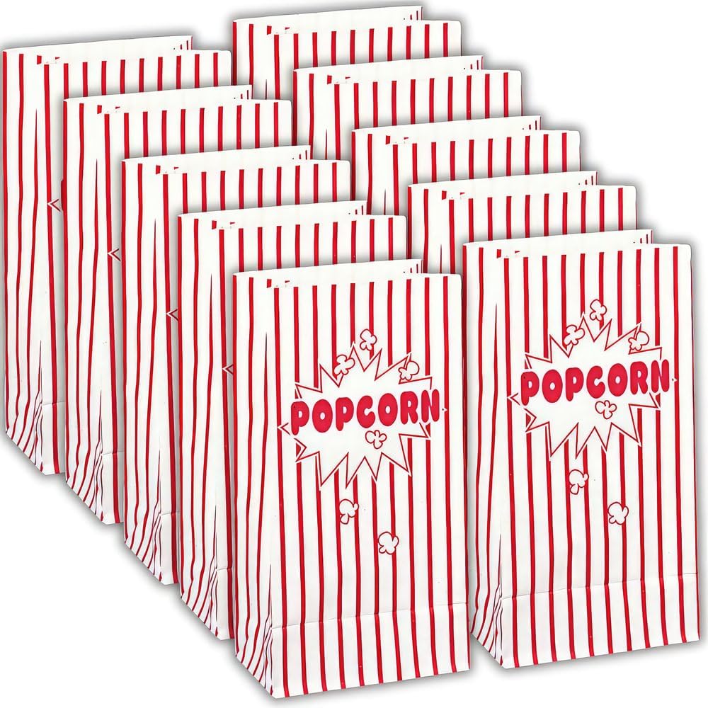 Unique Industries Striped Popcorn Bags, 10'' X 5'', 10 Pcs, Red And White