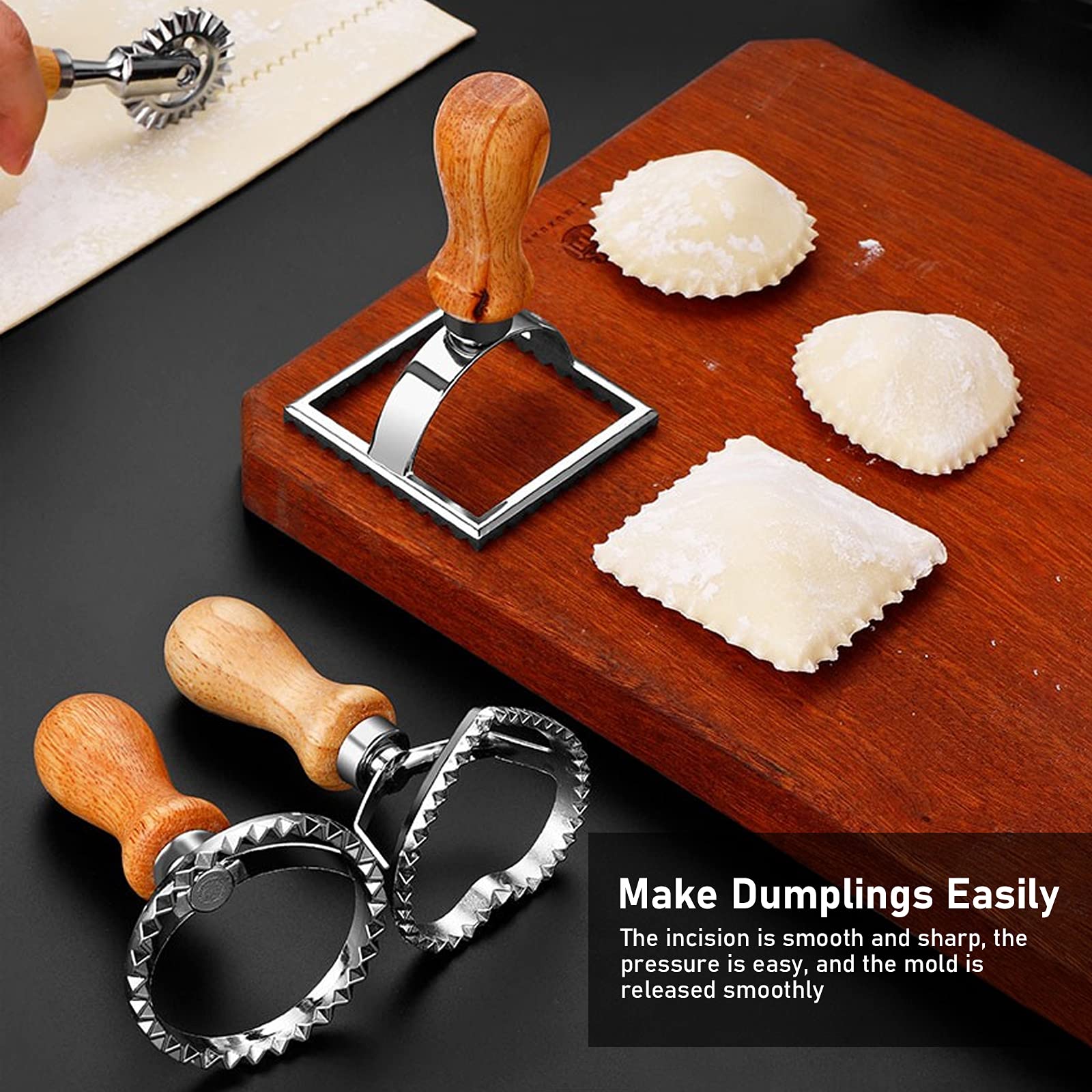 Stainless Steel Dumplings Maker Set Ravioli Maker Cutter Stamp Set With Wooden Handle Dumpling Cutter Tools Stuffing Spoon Dumpl