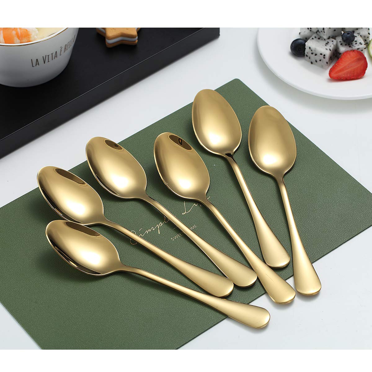 Gold Teaspoons, Kyraton 6 Pieces 6.7'' Stainless Steel Tea Spoons With Gold Titanium Plating, Ice Cream Spoons, Dessert Spoon, C