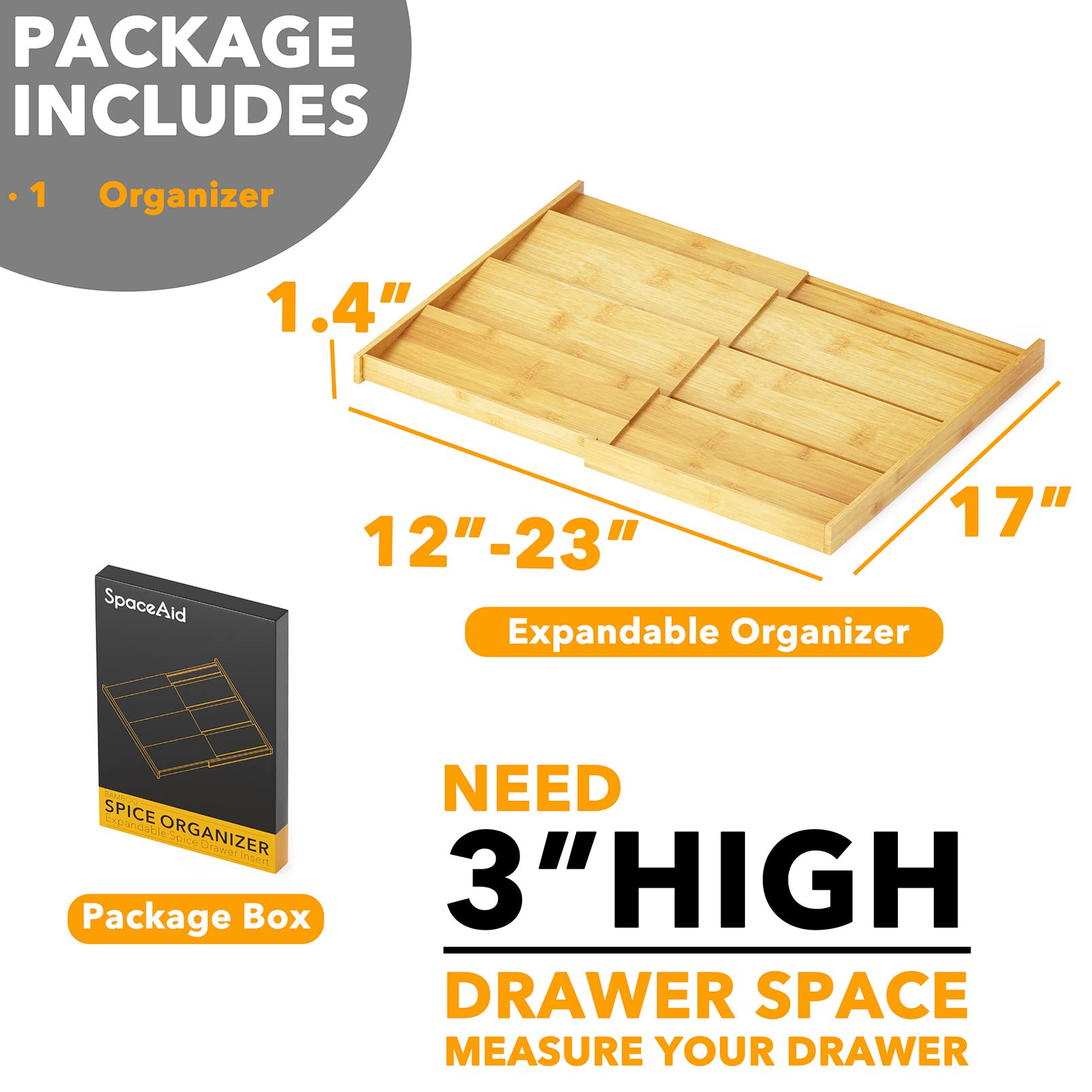 SpaceAid Bamboo Spice Drawer Organizer, (Need 3'' Deep Drawer) Expandable 4 Tier Spices Rack for Cabinet, Kitchen Seasoning Stor