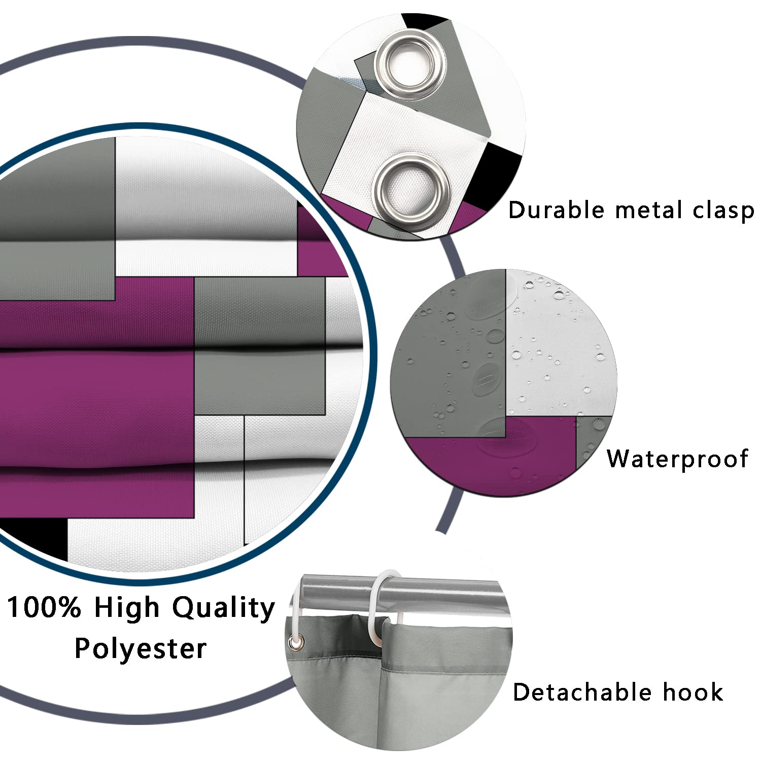 ENYORSEL Purple Bathroom Sets with Shower Curtain and Rugs  4 PCS Geometric Bathroom Shower Curtain Set with Rugs  Incl Shower Curtain with 12 Hooks  Bath Mat  U-Shaped Floor Mat  Toilet Lid Oval Rug