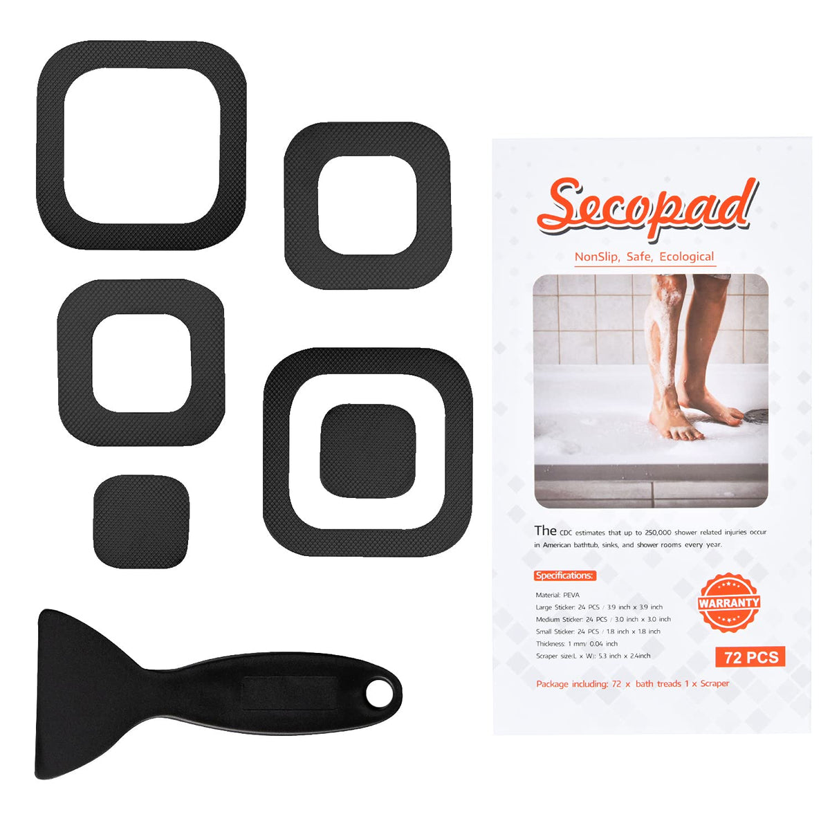 Secopad Non-Slip Bathtub Stickers, 72 Pcs Safety Bathroom Tubs Showers Treads Adhesive Decals Scraper (Black)