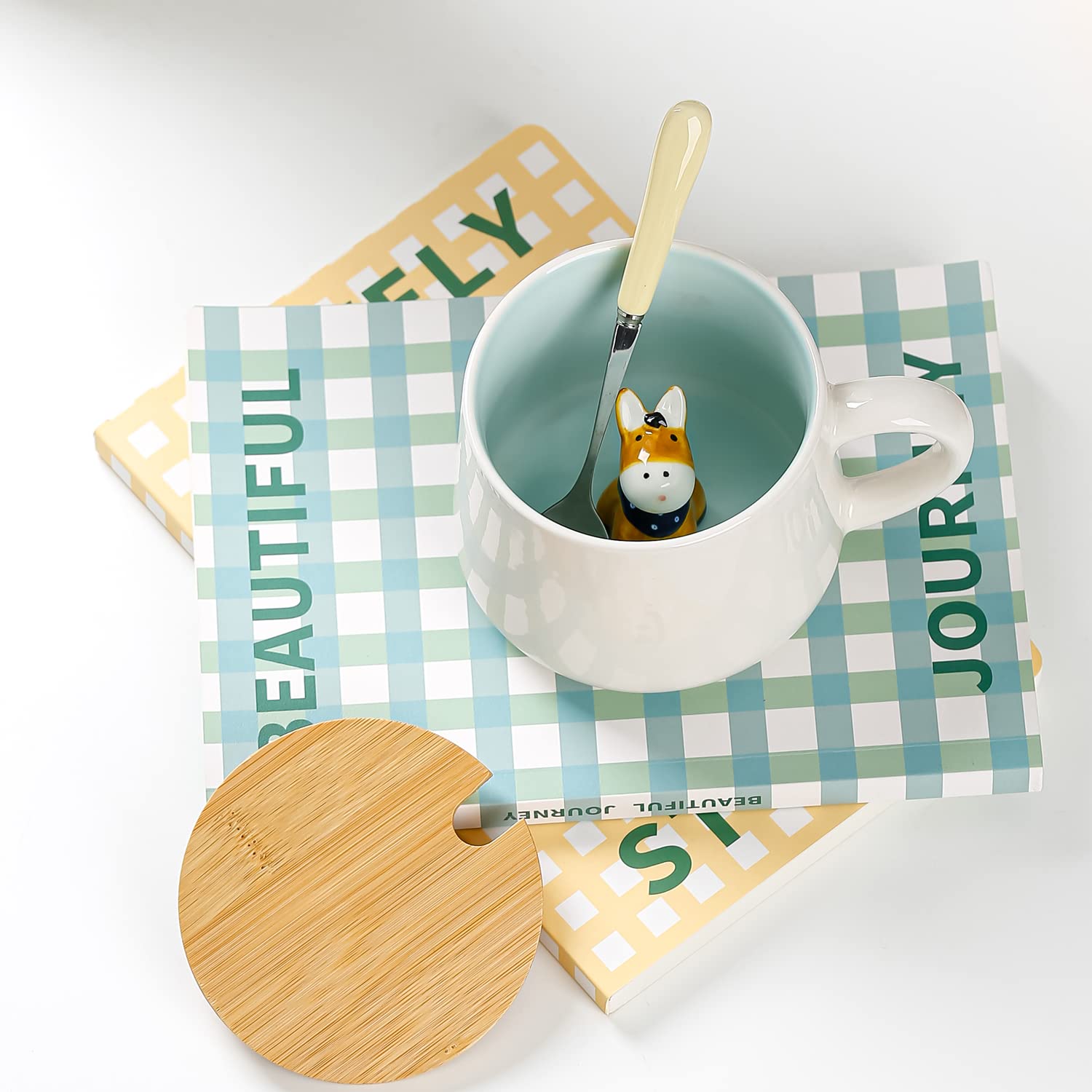 BigNoseDeer Cute Ceramic Donkey Coffee Mug Funny Mug with 3D Animal Inside Kawaii Tea Cup with Spoon and Lid Cool Stuff Christma