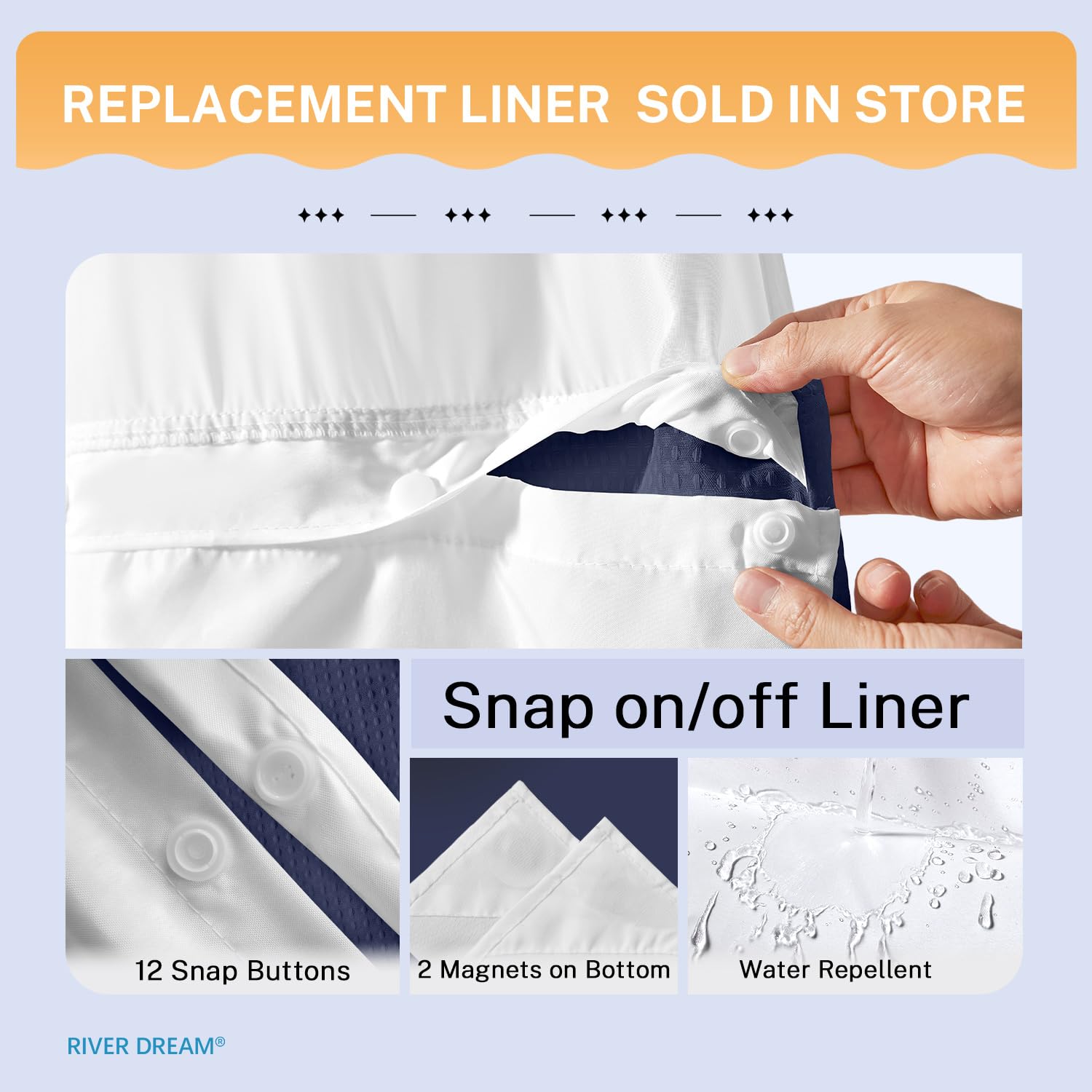 No Hooks Required Waffle Weave Shower Curtain with Snap in Liner - 71W x 74H Hotel Grade Spa Like Bath Curtain Navy