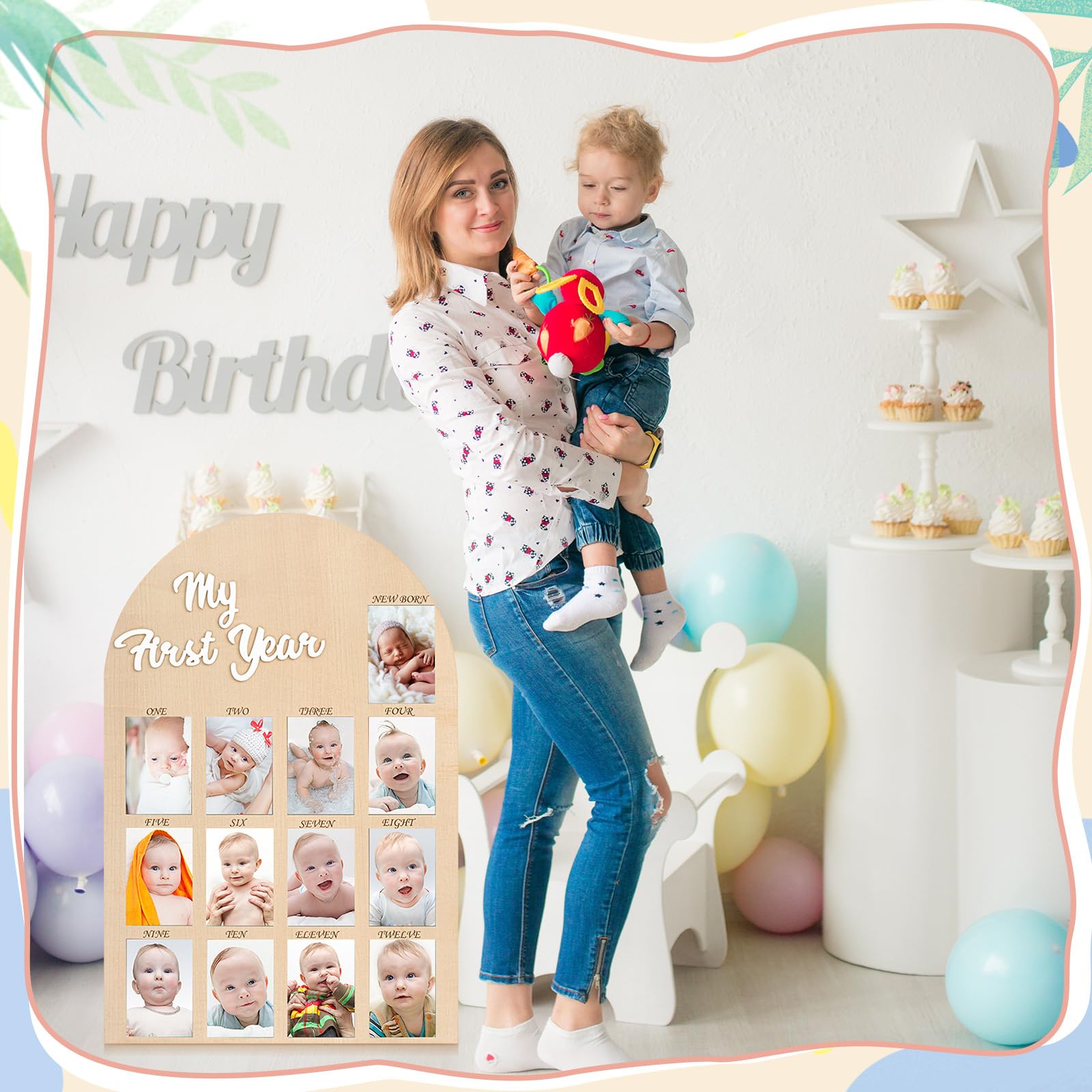 Kritkin My First Year Photo Board Baby Birthday Picture Frame 12 Monthly Wooden Photo Board 1st Birthday Decorations Baby Gift f