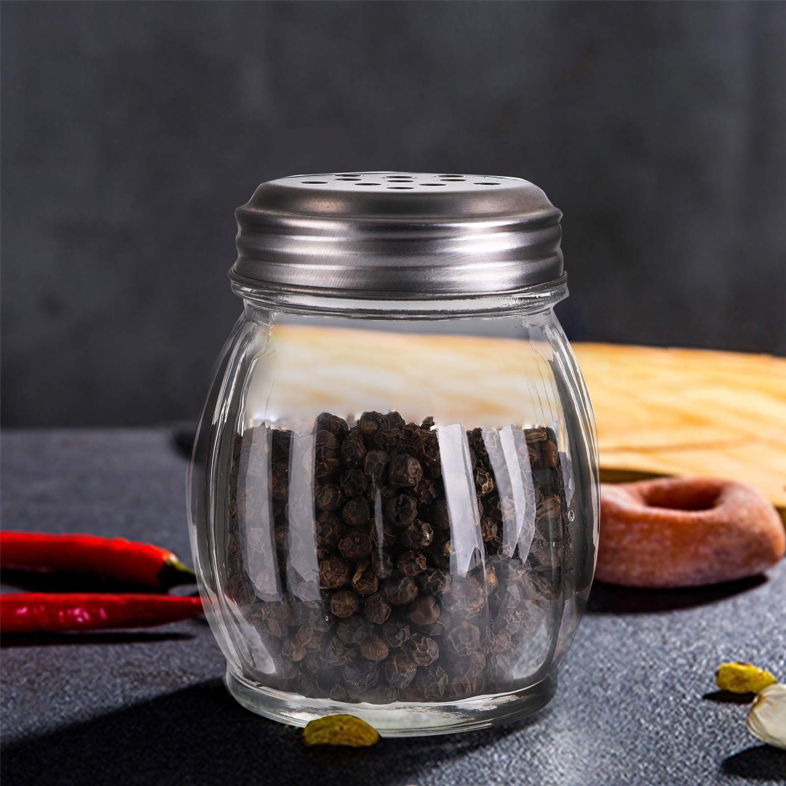 Nicunom 20 Pack 6 Oz Spices Shaker With Perforated Stainless Steel Lid, Swirl Glass Parmesan Cheese Shaker With Slotted Caps, Sa