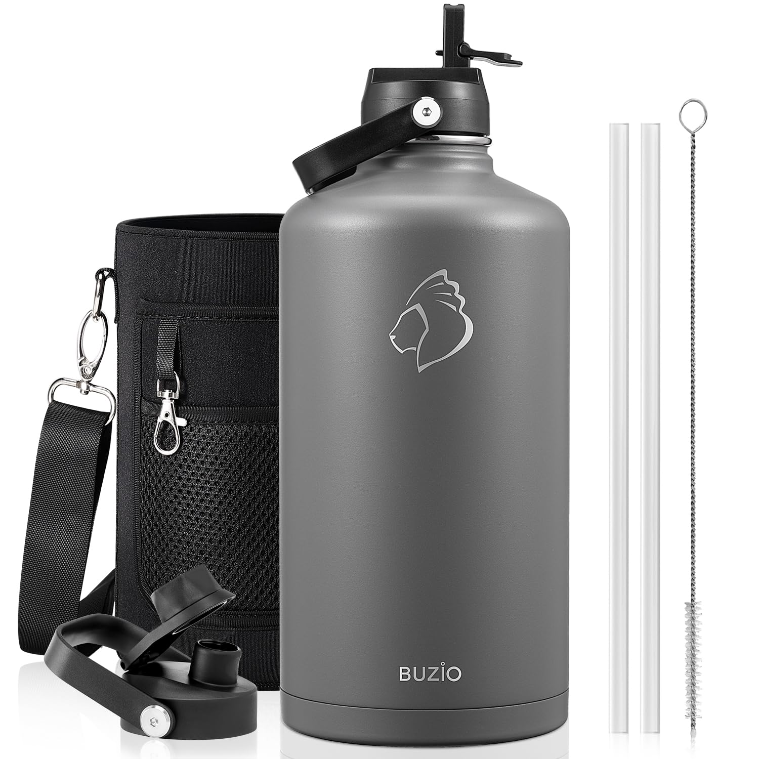BUZIO Gallon Water Bottle Insulated, 128 oz Large Water Jug Vacuum Stainless Steel Big Metal Flask (Cold for 48 Hrs), Leak Proof