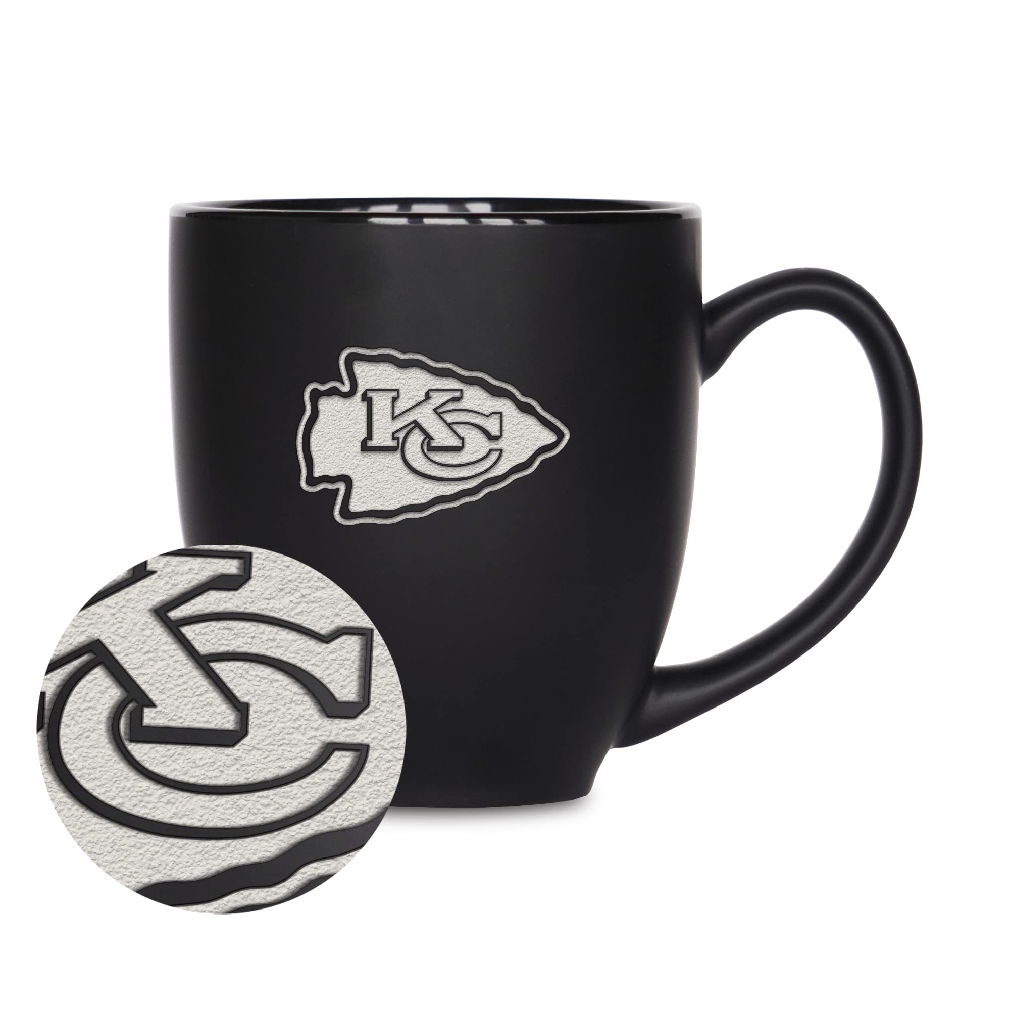 Rico Industries NFL Football Kansas City Chiefs Main 15oz Laser Engraved Matte Black Ceramic Bistro Mug - For Hot or Cold Drinks
