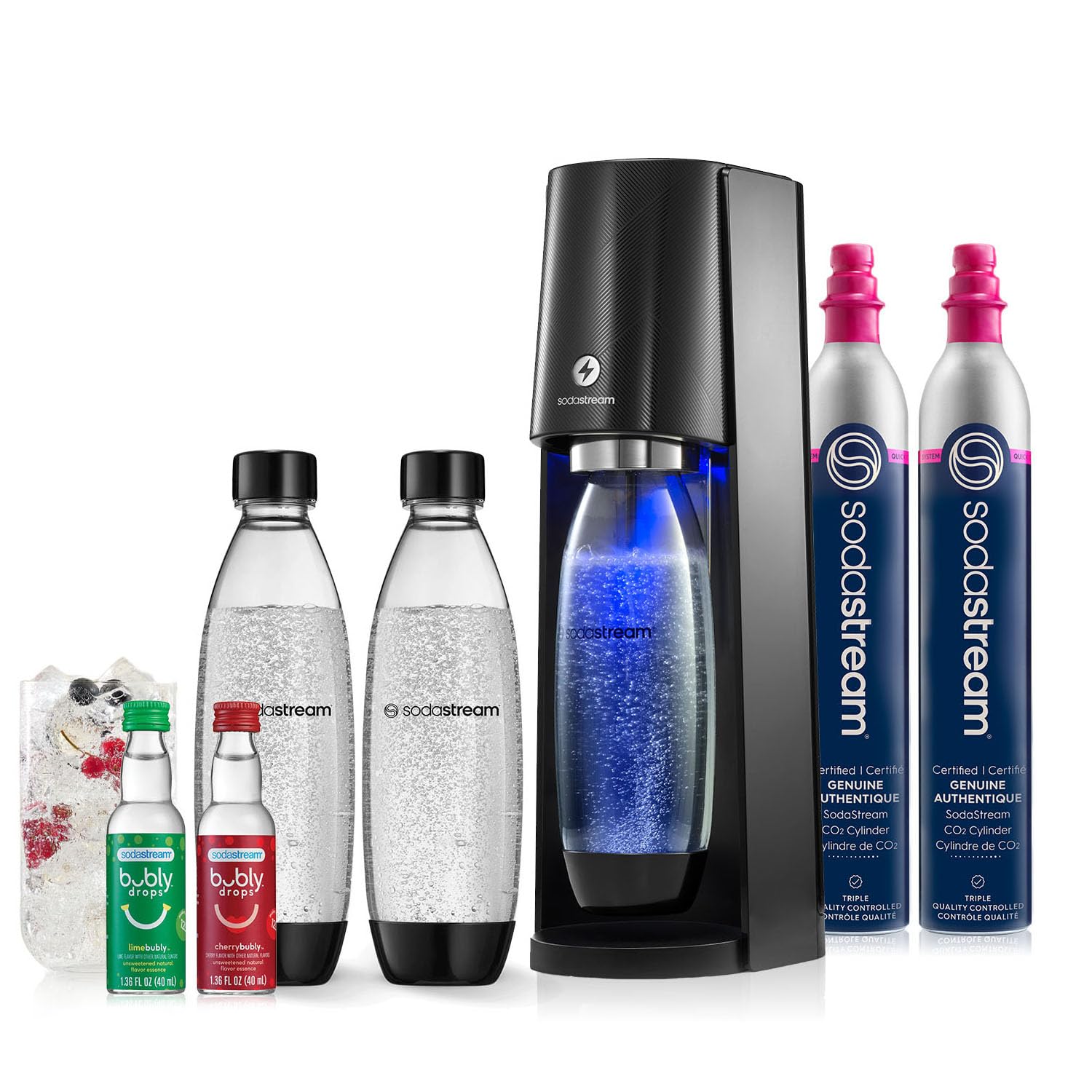 SodaStream E-TERRA Sparkling Water Maker Bundle (Black)  with CO2  Carbonating Bottles  and bubly Drops Flavors