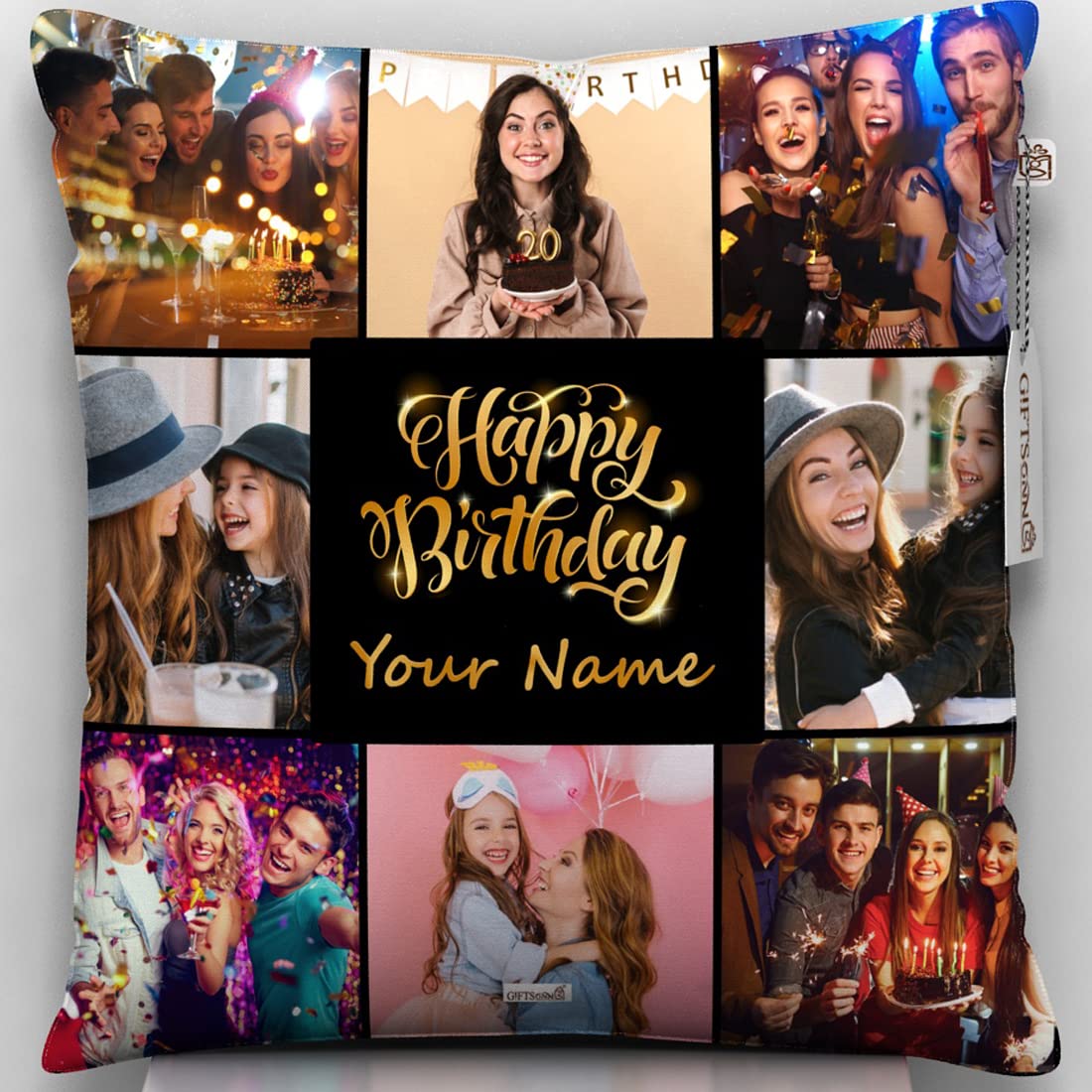 Giftsonn Photo Personalized Photos Pillow With Happy Birthday With Name For Birthday - Cushion Cover With Filler, Black Color, S