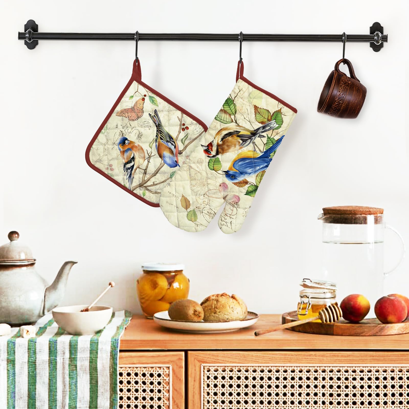 Arquiel Vintage Bird Oven Mitts And Pot Holders Sets 2Pcs, 100% Cotton Heat Resistant, Extra Long Oven Gloves Potholder For Kitc