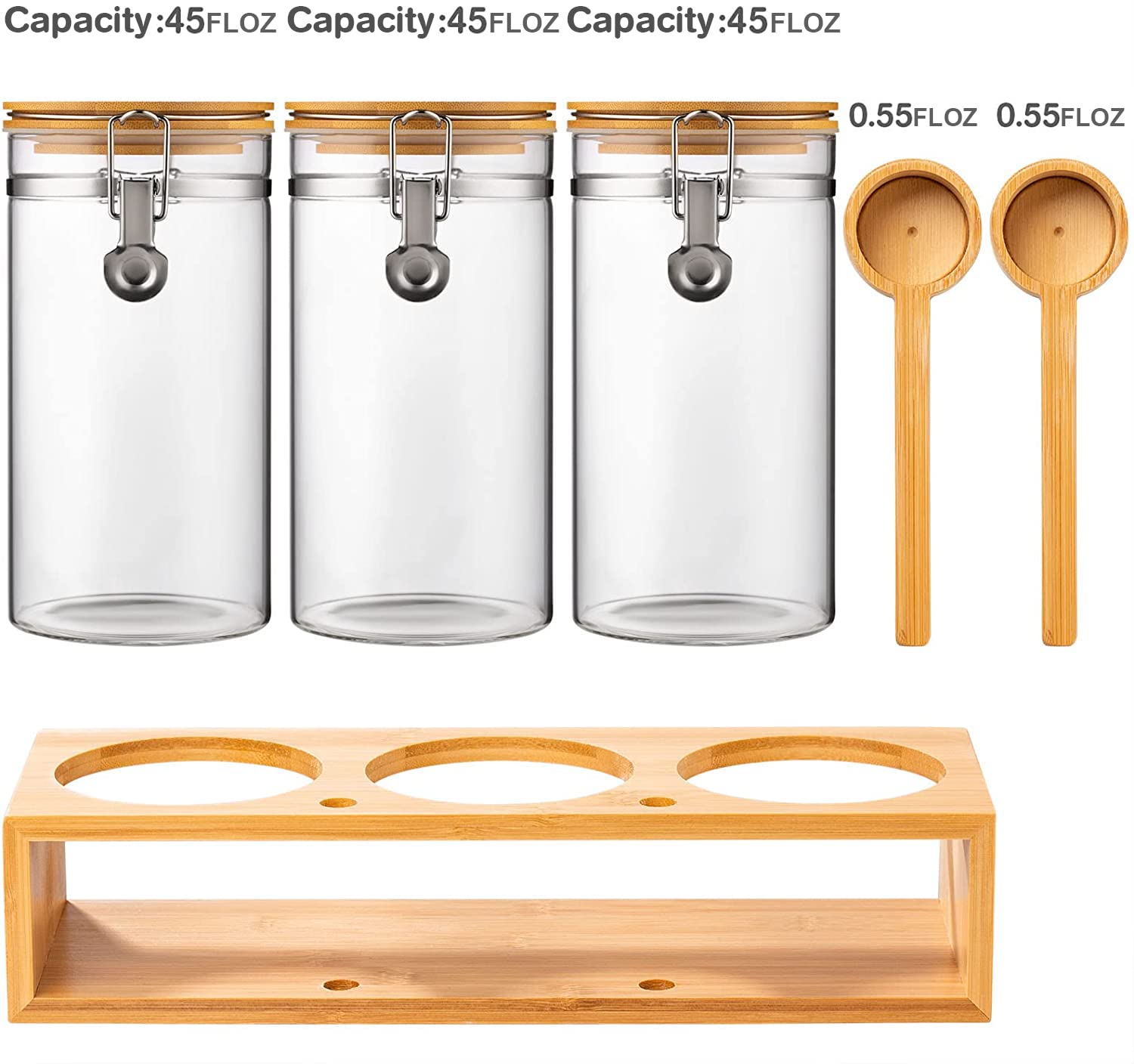 Yangbaga Glass Coffee Sugar Containers With Shelf, 3 X 45 Oz Coffee Bean Storage Station Organizer With Airtight Locking Clamp A