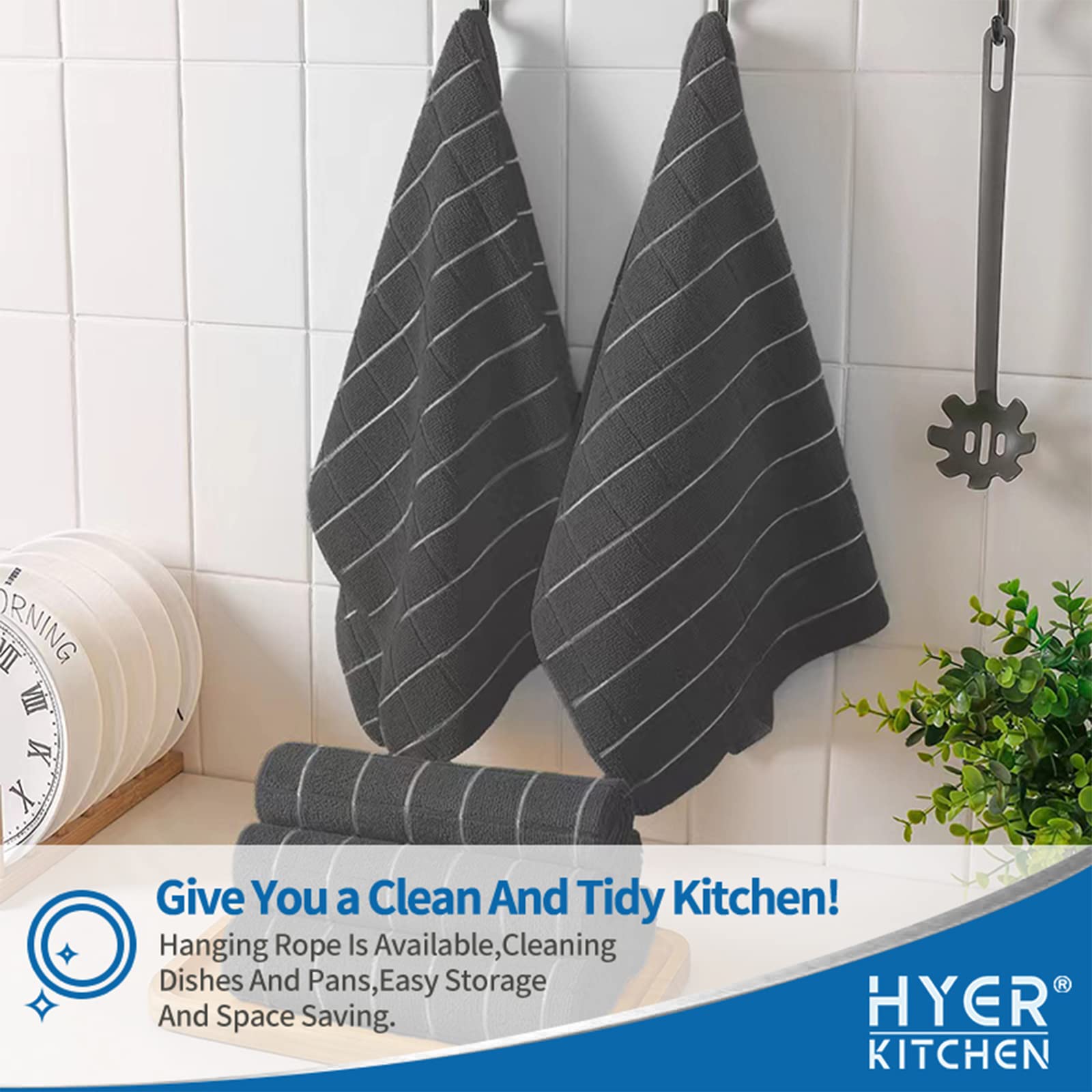 Microfiber Dish Towels - Soft, Super Absorbent And Lint Free Kitchen Towels - 8 Pack (Lattice Designed Black Colors) - 26 X 18 I
