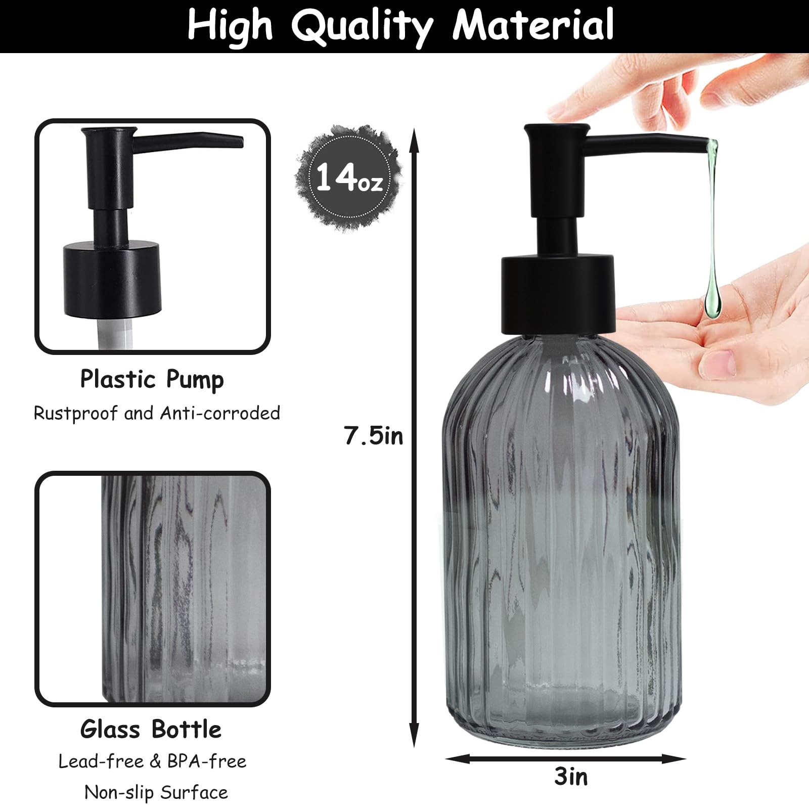 Gray Glass Soap Dispenser Set With Black Pump, 13.5Oz Refillable Liquid Hand Soap Dispenser, Lotion Dish Soap Dispenser For Mode