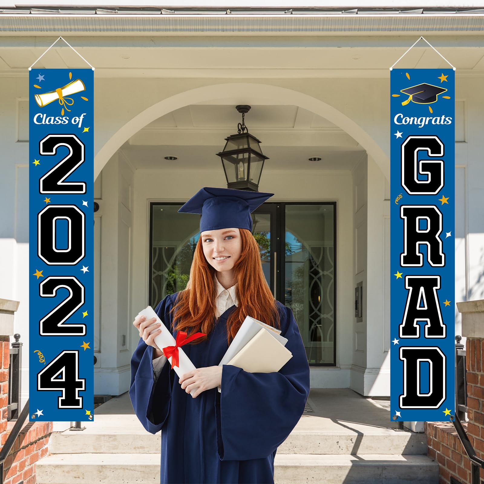 Kmuysl Graduation Decorations Class Of 2024, Graduation Party Decorations 2024, Blue & Black Congrats Grad Banner Hanging Flags