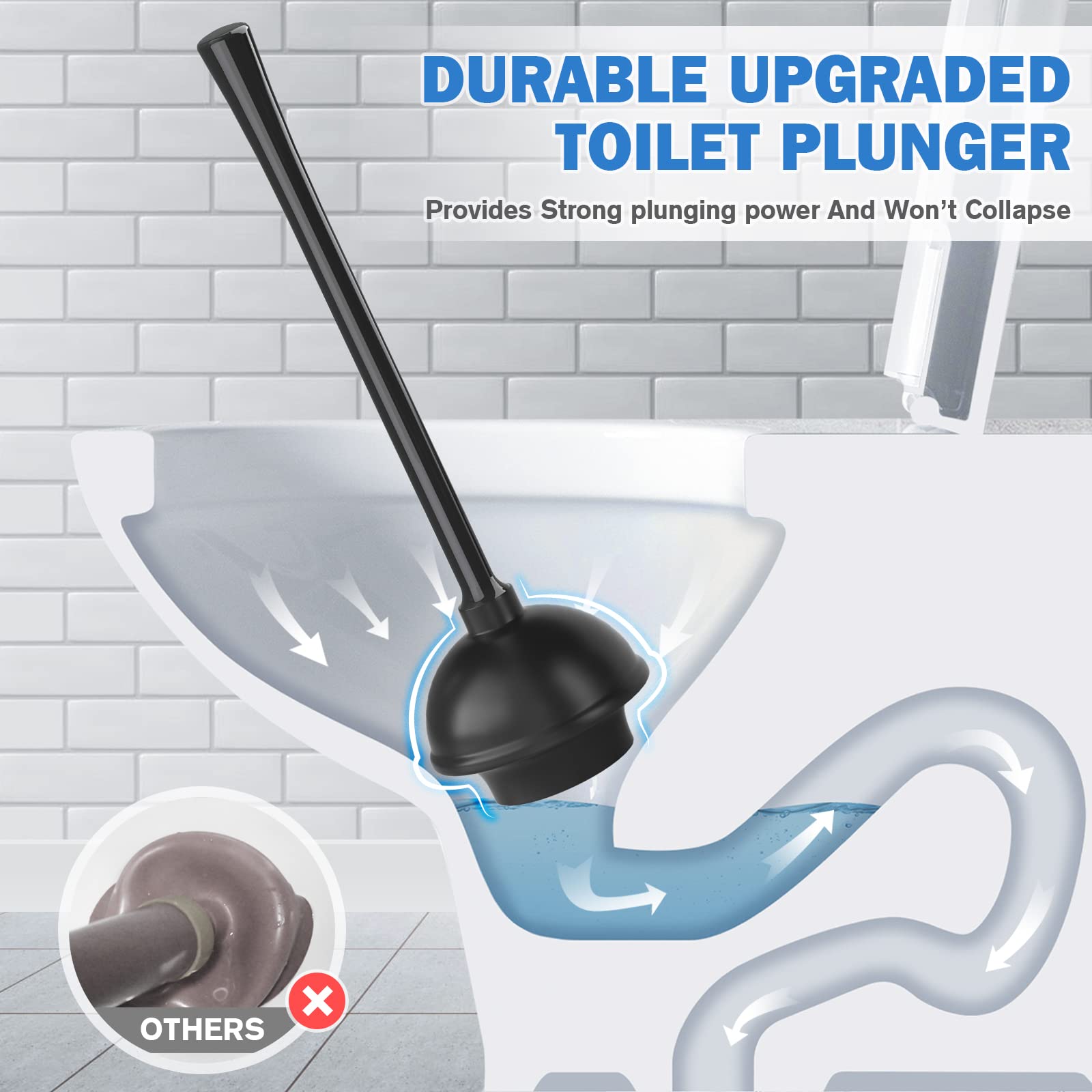 Toilet Plunger and Brush  Silicone Toilet Brush and Heavy Duty Toilet Plunger Set with Ventilated Holder  2-in-1 Bathroom Cleaning Combo with Caddy Stand (Black)