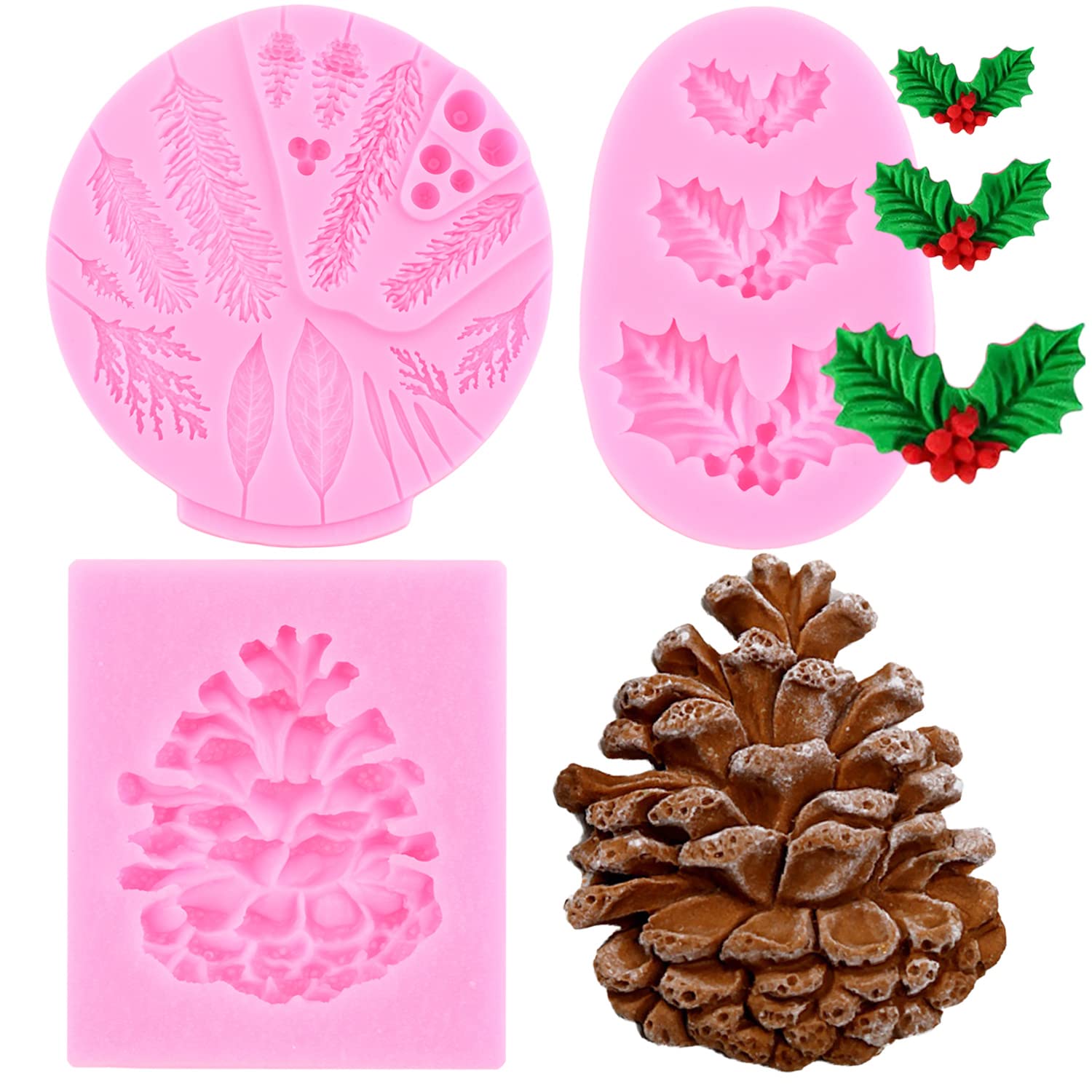 Rfghac Flower Pro Winter Foliage Silicone Mold Pinecone Fondant Molds Holly Leaf Christmas Mold For Cake Decorating Cupcake Topp