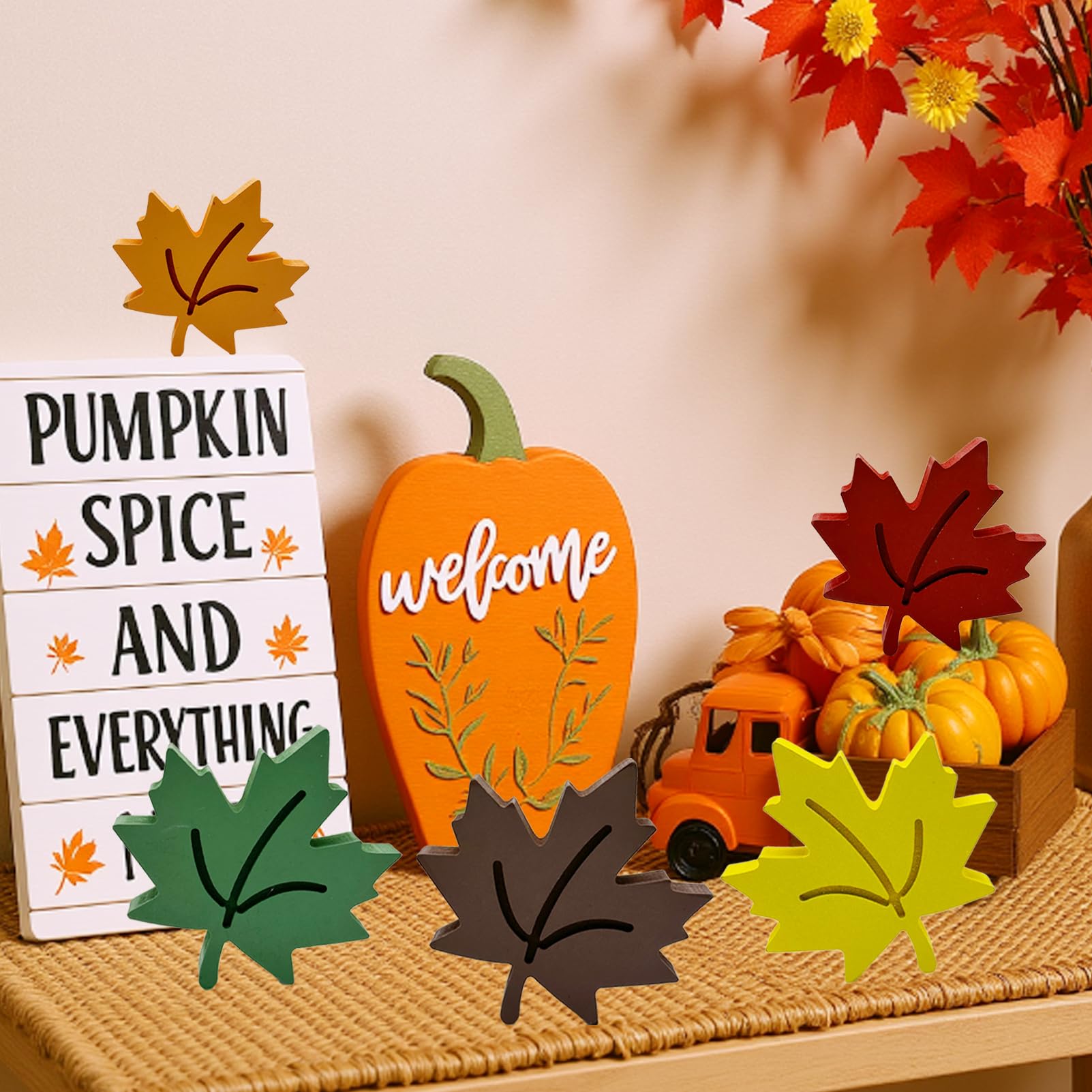 5 Pcs Wooden Maple Leaf Ornaments Autumn Leaves Red Orange Yellow Green Brown Harvest Sign for Farmhouse Thanksgiving Home Offic