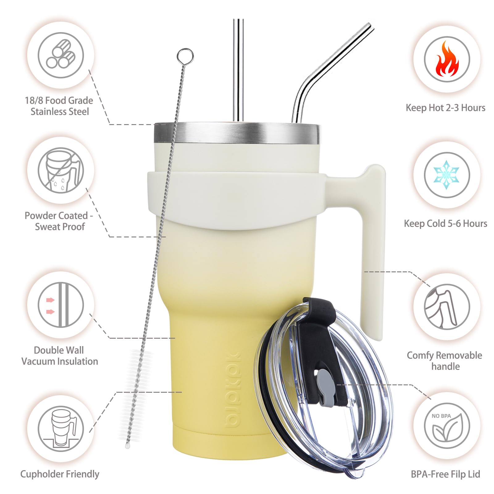 Bjpkpk 30Oz Tumbler With Handle Insulated Tumbler Cups With Lid And Straw Reusable Stainless Steel Double Wall Travel Mugs,Lemon