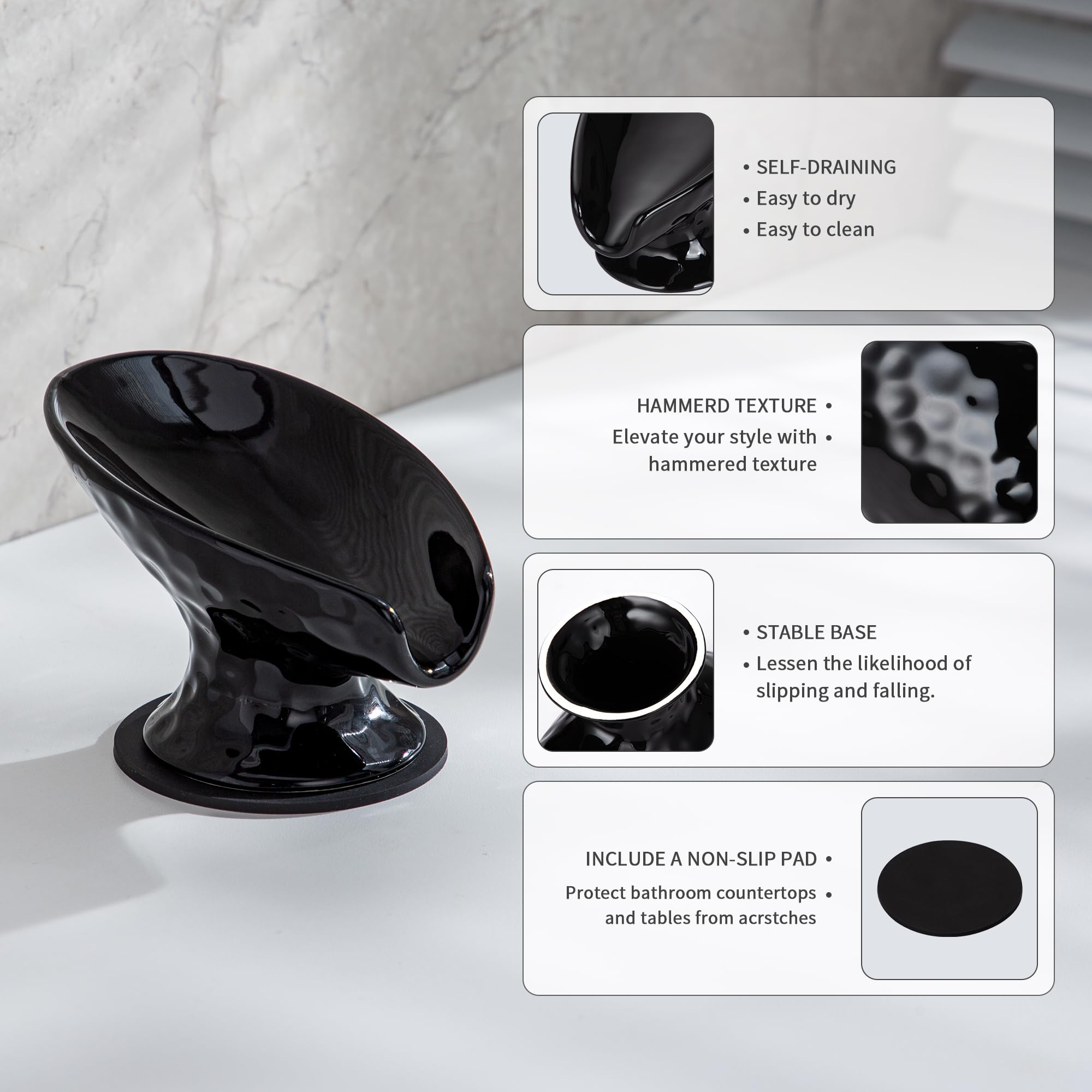 Self Draining Soap Dish, Bar Soap Holder For Shower,Black Ceramic Soap Dishes For Bathroom Kitchen Shower Keeps Soap Dry, Easy T
