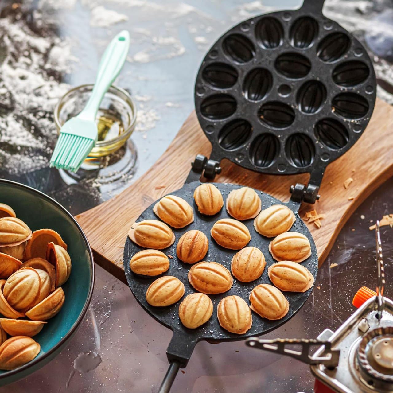 BIOL Heavy Oreshki Mold for Oven Cookies - Non-Stick Aluminum, 15.7x6.5x1.6 in, Black, Model OT-16, Perfect for Russian Nuts